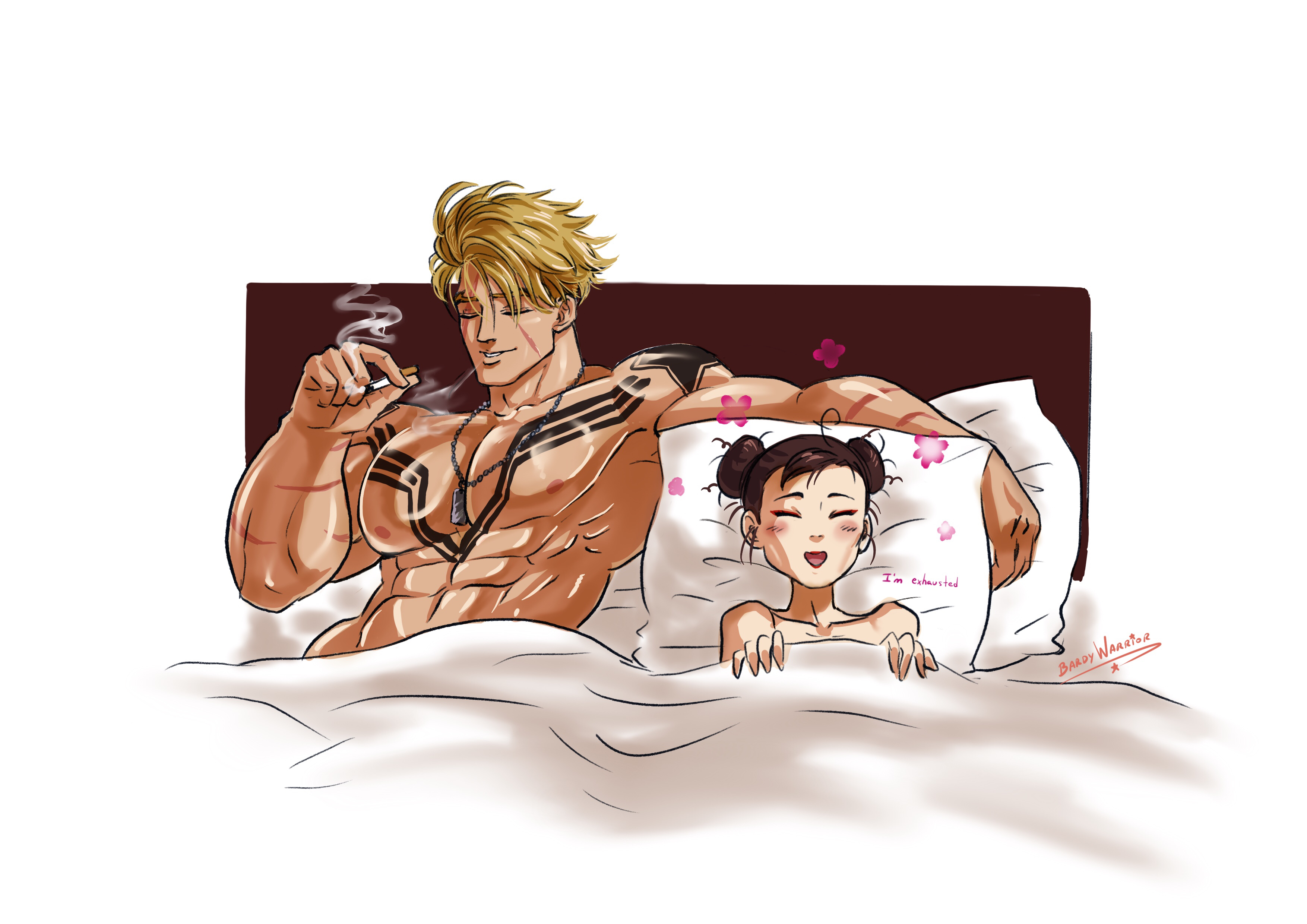1boy, 1girls, abs, after sex, age difference, bardywarrior, bed, bed sheet, blonde hair, brown hair, chest tattoo, chun-li, cigarette, closed eyes, couple, dog tags, double bun, duo, female, guy tired after sex (meme), height difference, luke sullivan, male, mature female, meme, muscular, muscular male, pecs, pillow, scar, scar across eye, scar on face, smoking, smoking cigarette, straight, street fighter, street fighter 6, under covers