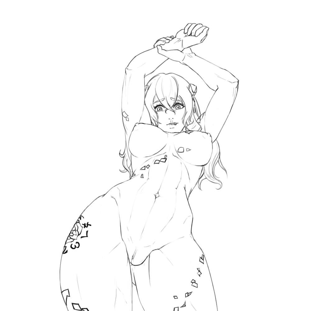 1girls abs arms_up biting_lip bloodstained:_ritual_of_the_night breasts contrapposto cowboy_shot female female_only horns large_breasts long_hair miriam_(bloodstained) monochrome navel nipples novam nude pussy sketch solo stained_glass wide_hips