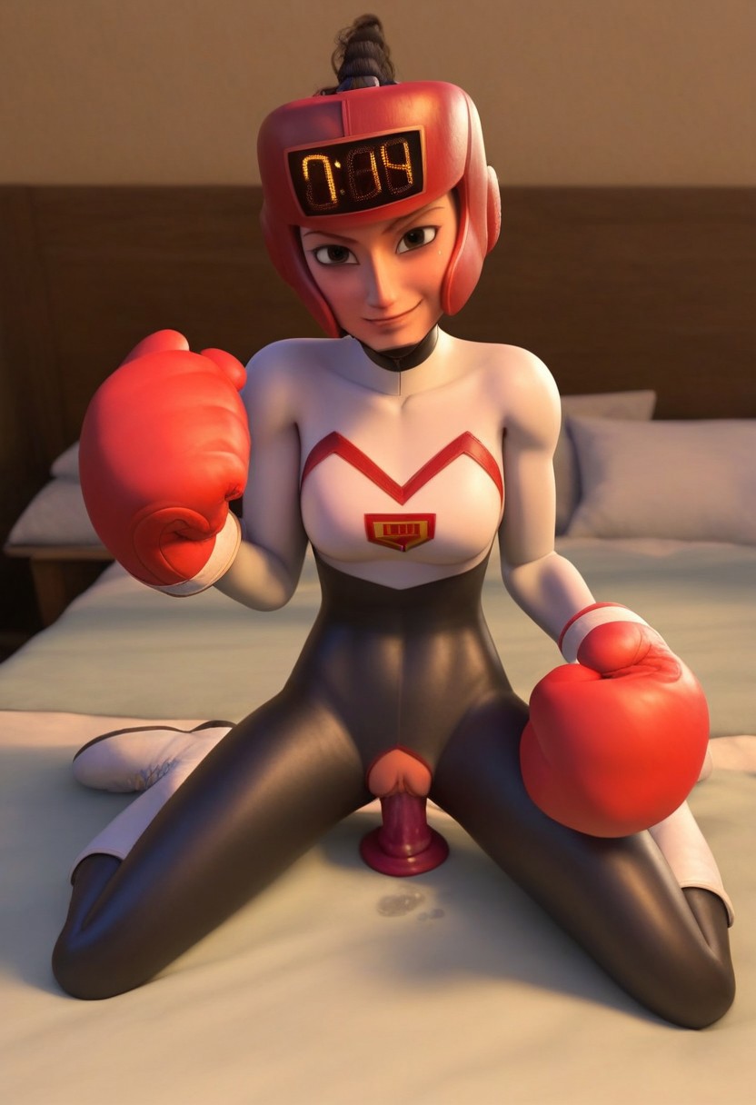 ai_generated boxer boxing_gloves dildo_in_pussy hero_inside kayoh_(hero_inside) pussy_juice sitting smiling_at_viewer