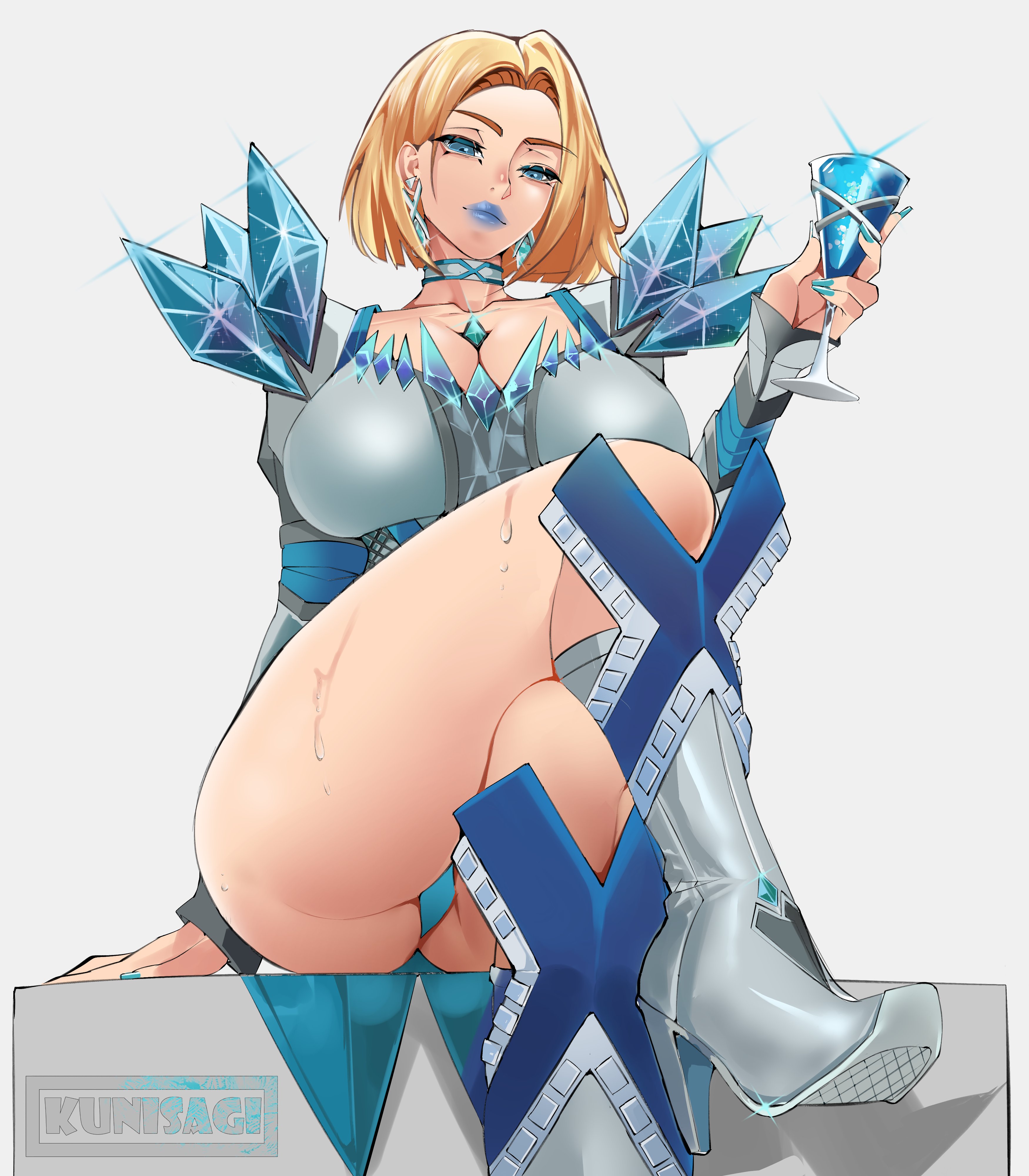 1girls, artist request, blonde female, blonde hair, blue lipstick, blue nails, bob cut, boots, breasts, cleavage, crossed legs, emma frost, emma frost (marvel rivals), female, female focus, female only, hi res, high heel boots, high heels, large breasts, leonakun, light skin, light-skinned female, looking at viewer, marvel, marvel comics, marvel rivals, solo, thick thighs, thighs, wide hips