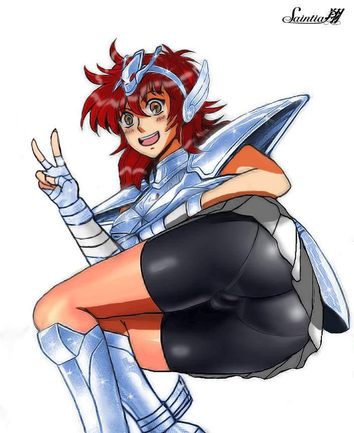 1girls ass blush breasts bronze_saints brown_eyes dat_ass equuleus_shoko female happy huge_ass human looking_back lying open_mouth pale-skinned_female pale_skin panties panties_under_pantyhose pantyhose red_hair saint_seiya saint_seiya_saintia_sho skirt solo thigh_gap