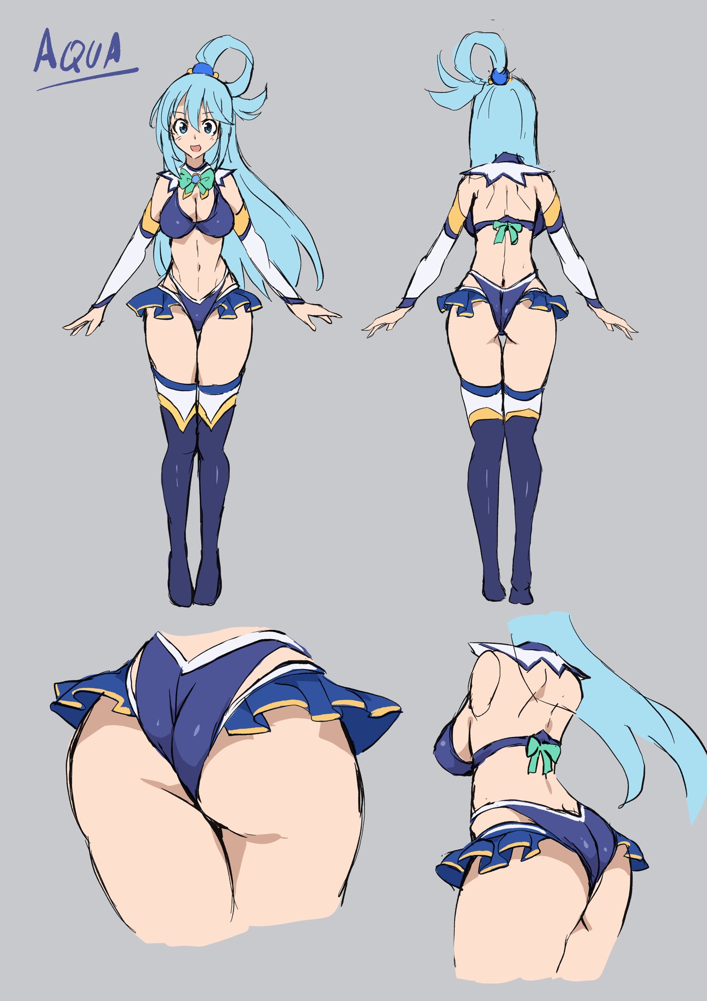 1girls, 2025, aqua (konosuba), arniro, arniro111, ass, bikini, blue eyes, blue hair, breasts, bubble butt, cleavage, female, female only, grey background, kono subarashii sekai ni shukufuku wo!, light skin, light-skinned female, microskirt, open mouth, smile, solo, solo female, tagme, thighhighs