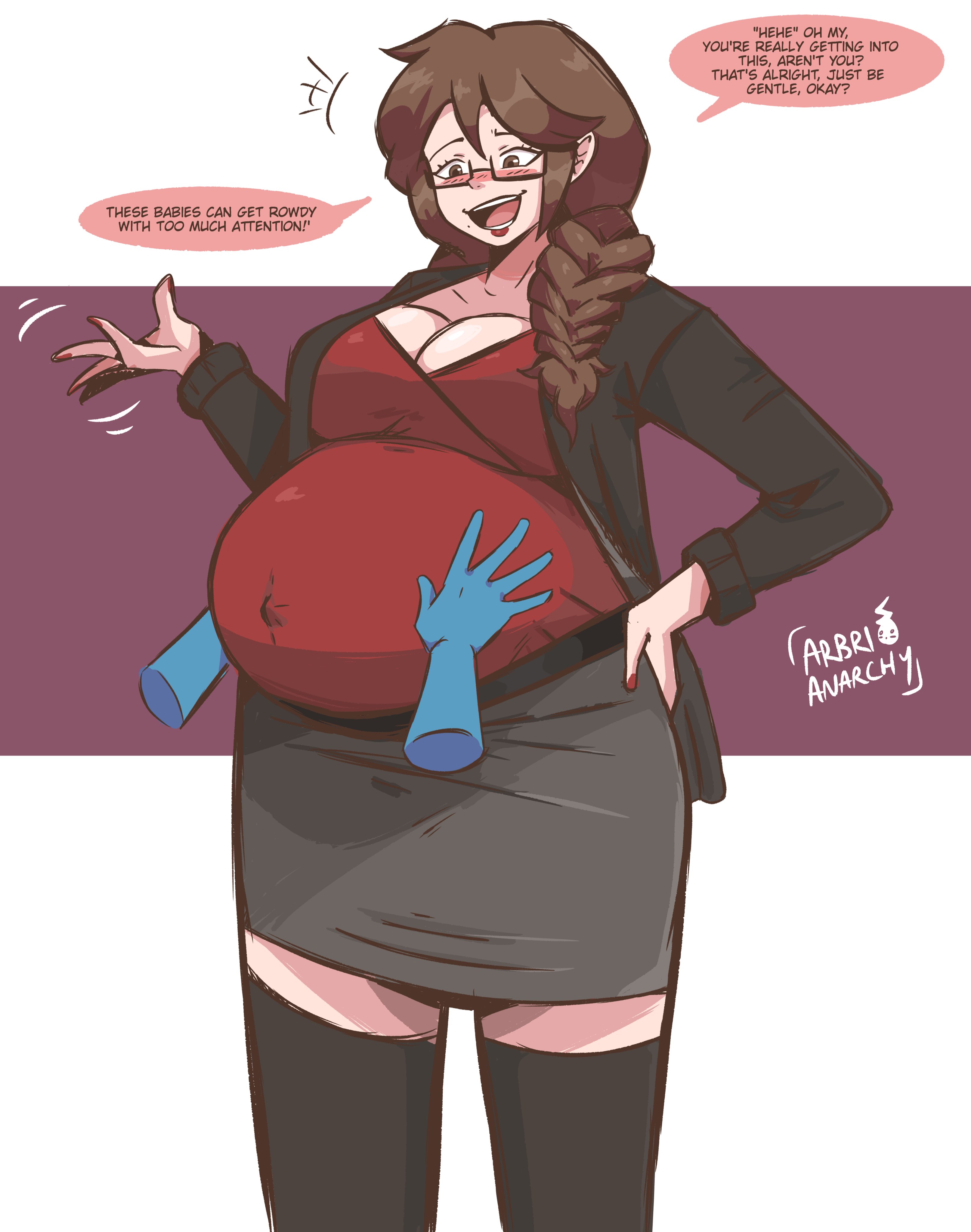 arbrianarchy, english text, female, glasses, hand on belly, huge belly, maternity clothes, original character, pregnant, pregnant female, super belly