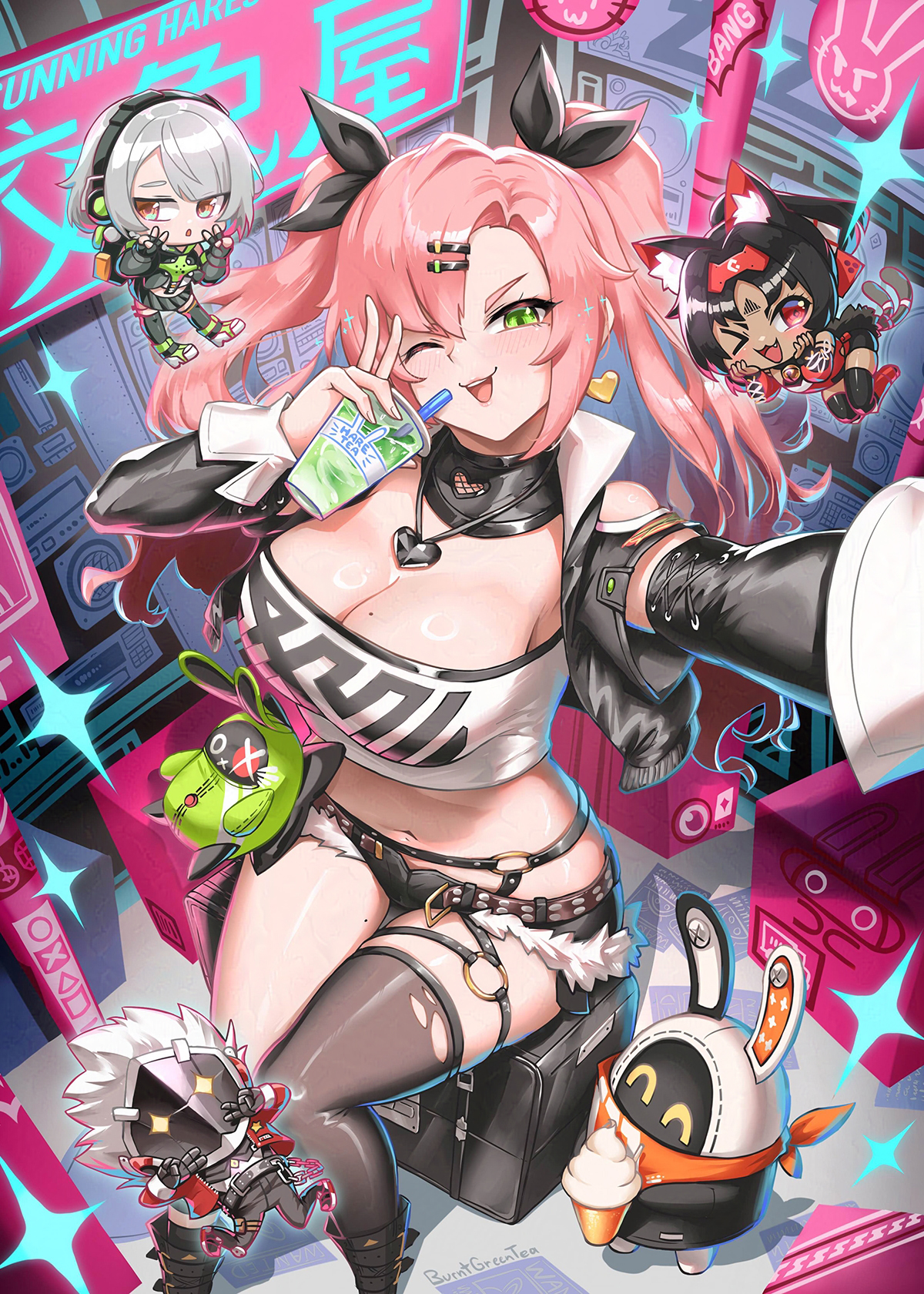 ;3, ;d, 1boy, 1girls, 3girls, anby demara, bangboo (zenless zone zero), billy kid (zenless zone zero), black hair, black ribbon, black shorts, black thighhighs, breasts, burnt green tea, chibi, cup, dark skin, disposable cup, green eyes, grey hair, hair ornament, hair ribbon, hairclip, highres, holding, holding cup, large breasts, long hair, looking at viewer, micro shorts, midriff, mini person, miniboy, minigirl, multiple girls, navel, nekomiya mana, nicole demara, one eye closed, open mouth, pink hair, ribbon, shorts, single thighhigh, sitting, smile, stomach, strapless, thighhighs, thighs, tube top, two side up, v, very long hair, zenless zone zero