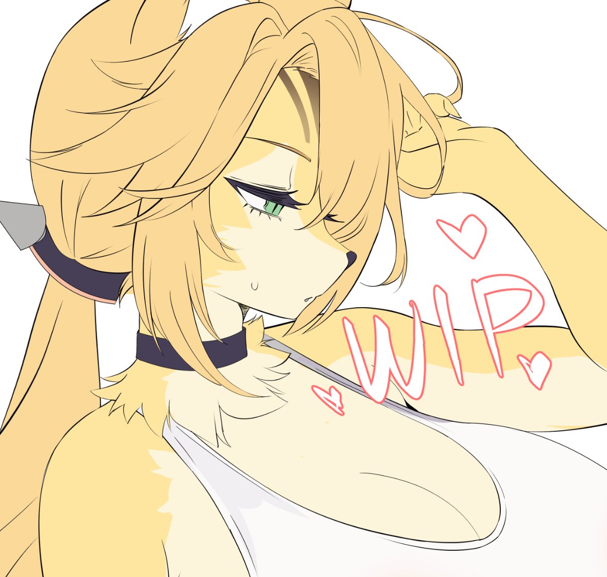 anthro, askoevi, big breasts, blonde, blonde fur, blonde girl, blonde hair, blonde-haired female, breasts, cat ears, cat girl, cat humanoid, clothing, female, female only, fur, furry, furry female, green eyes, green-eyed female, hoyoverse, mihoyo, pulchra (zenless zone zero), pulchra fellini, sole female, sweat, white background, yellow fur, zenless zone zero