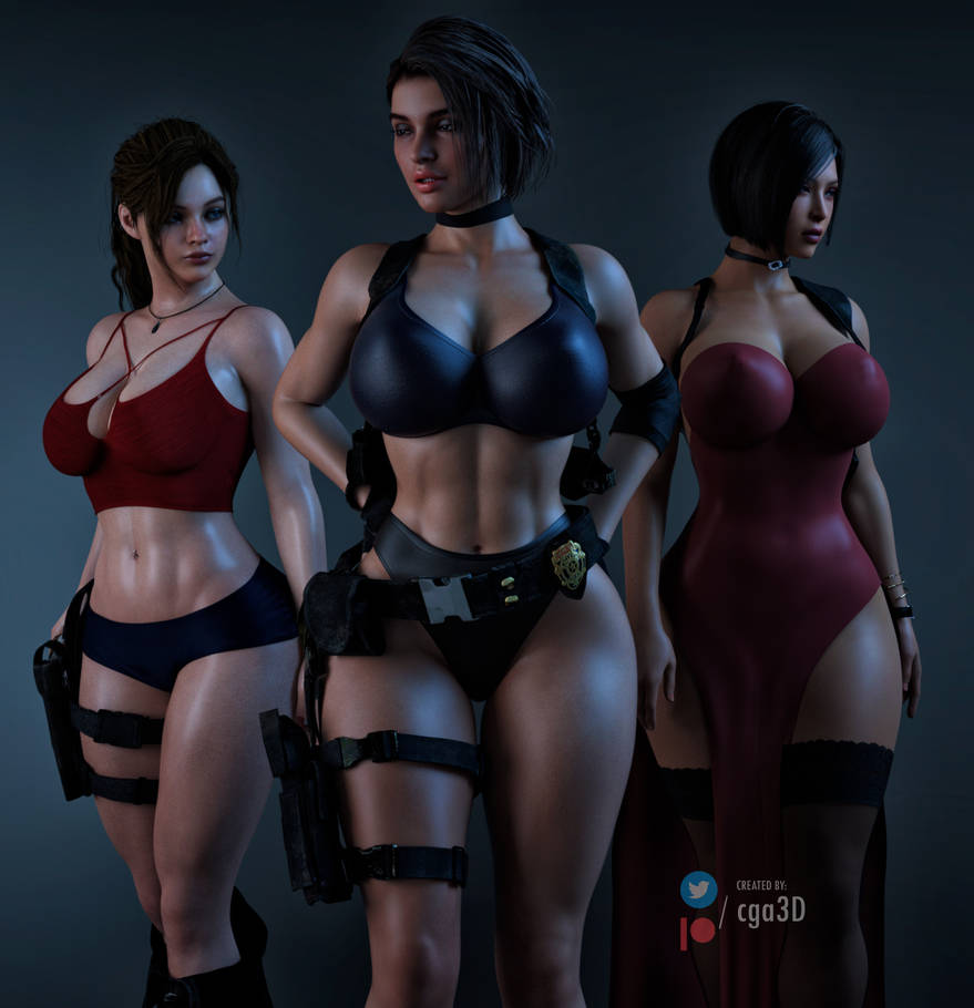 3d 3girls abs ada_wong ada_wong_(adriana) belt bikini_bottom biohazard black_bra black_hair black_panties black_underwear blue_eyes bra breasts brown_eyes brown_hair capcom casual cga3d claire_redfield claire_redfield_(jordan_mcewen) collar curvaceous curvy_female curvy_figure dress erotichris eyebrow_piercing female female_only firearm footwear gun handgun high-waist_panties human jill_valentine jill_valentine_(sasha_zotova) large_breasts lip_piercing makeup midriff midriff_cutout neckwear nipples nipples_visible_through_clothing nose_piercing panties patreon_username ponytail red_bra resident_evil resident_evil_2 resident_evil_2_remake resident_evil_3 resident_evil_3_remake s.t.a.r.s short_hair thick_thighs thighhighs twitter_username underwear voluptuous voluptuous_female weapon wristwear