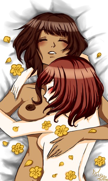 after sex, arm around neck, artist request, asleep, ass, blushing, blushing female, brown hair, chara, covered in flowers, cuddling, cute, dark skin, dark-skinned female, duo, eepy, eepy time, female, female chara, female frisk, flowers, frisk, human, in bed, laying down, laying on bed, lesbian, light skin, light-skinned female, nipples, offscreen hand holding, on bed, plain adorable, undertale, undertale (series), wholesome, yuri