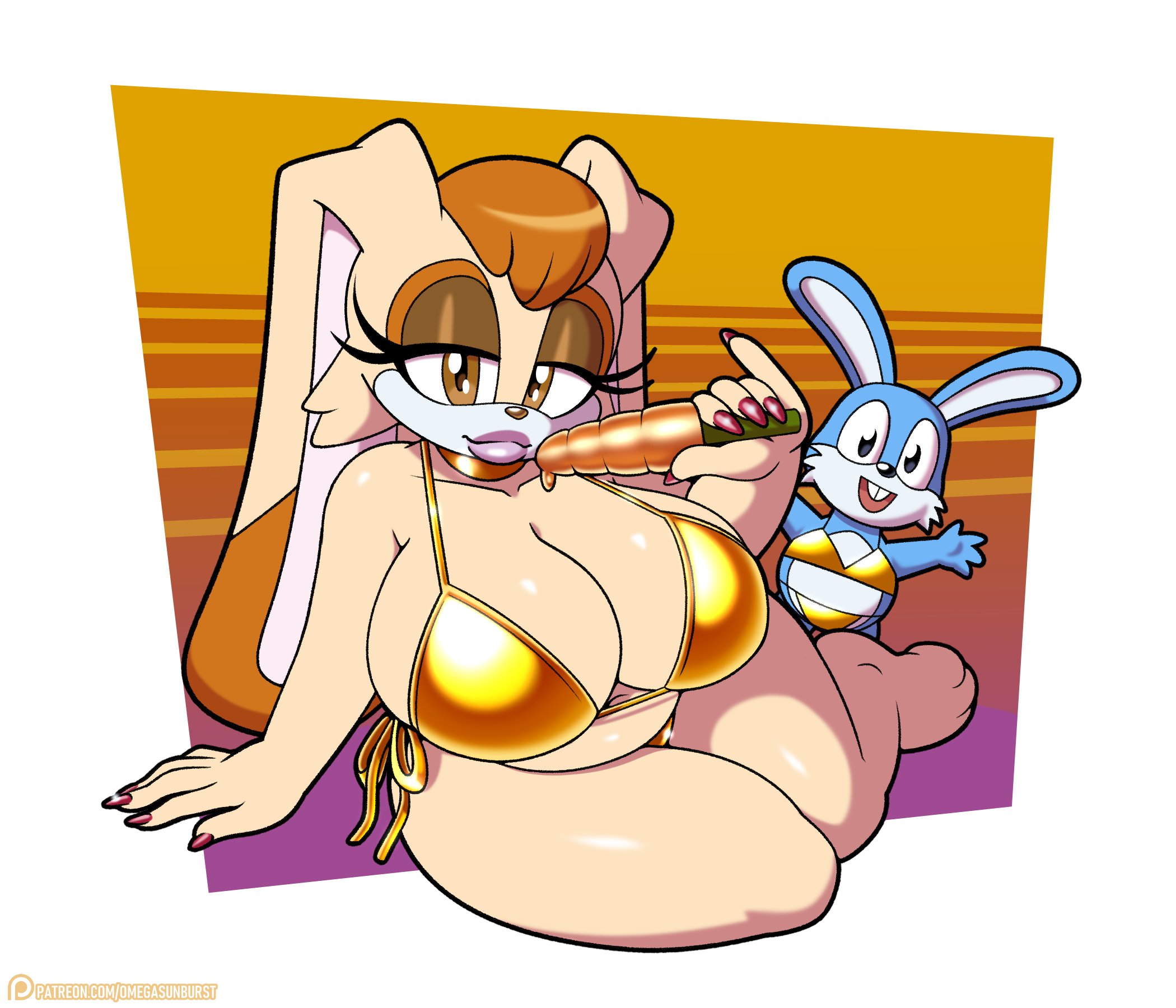 1girls, anthro, big breasts, bikini, breasts, female, female focus, gold bikini, golden bikini, golden week, huge breasts, humanoid, mature, mature female, micro bikini, milf, mother, omegasunburst, rabbit, rabbit humanoid, sega, sonic (series), sonic the hedgehog (series), thick thighs, vanilla the rabbit