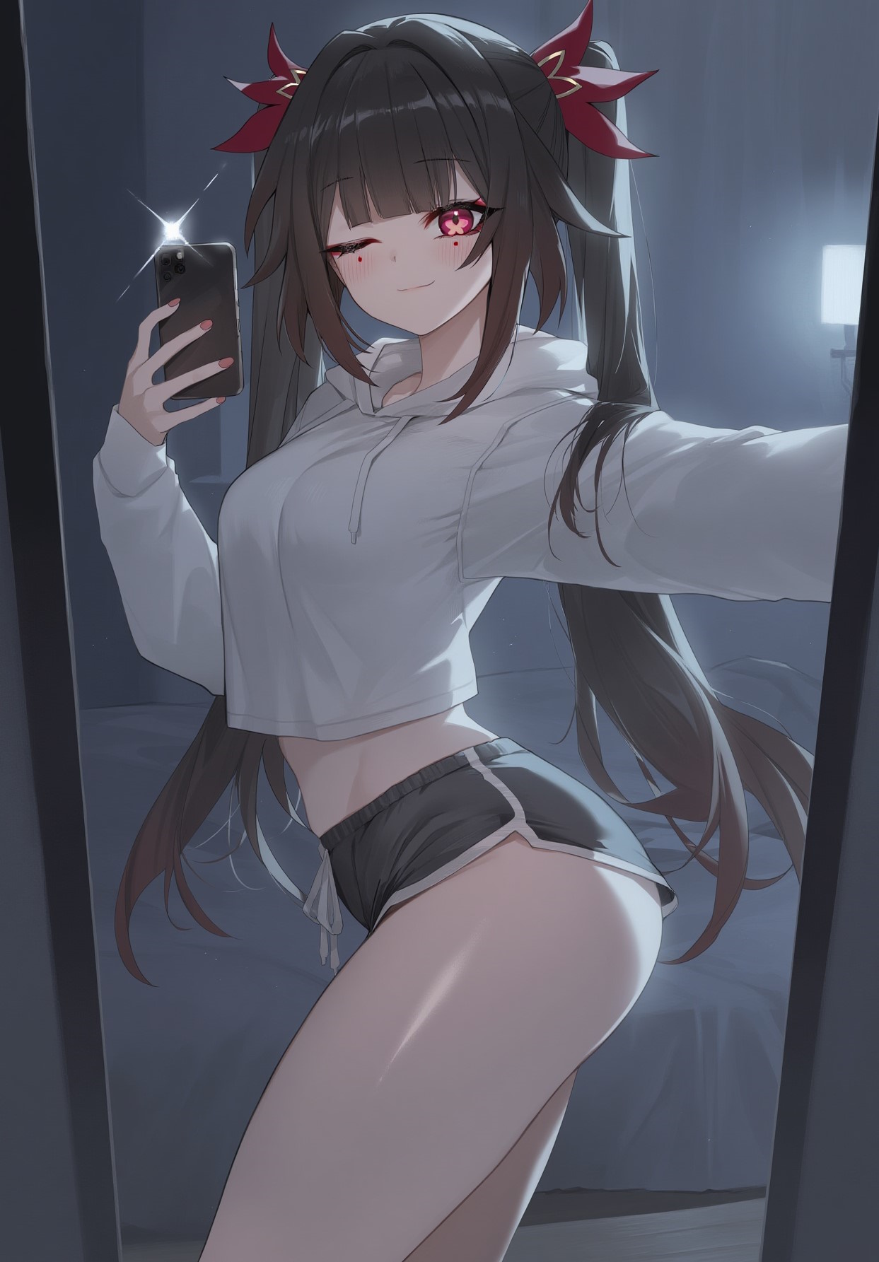1girls, ai generated, ass, ass hanging out of shorts, bedroom, big ass, dolphin shorts, female, honkai: star rail, hoodie, large ass, mirror, mirror selfie, phone, selfie, shiny skin, shorts, smile, sparkle (honkai: star rail), thick thighs, twintails, wink