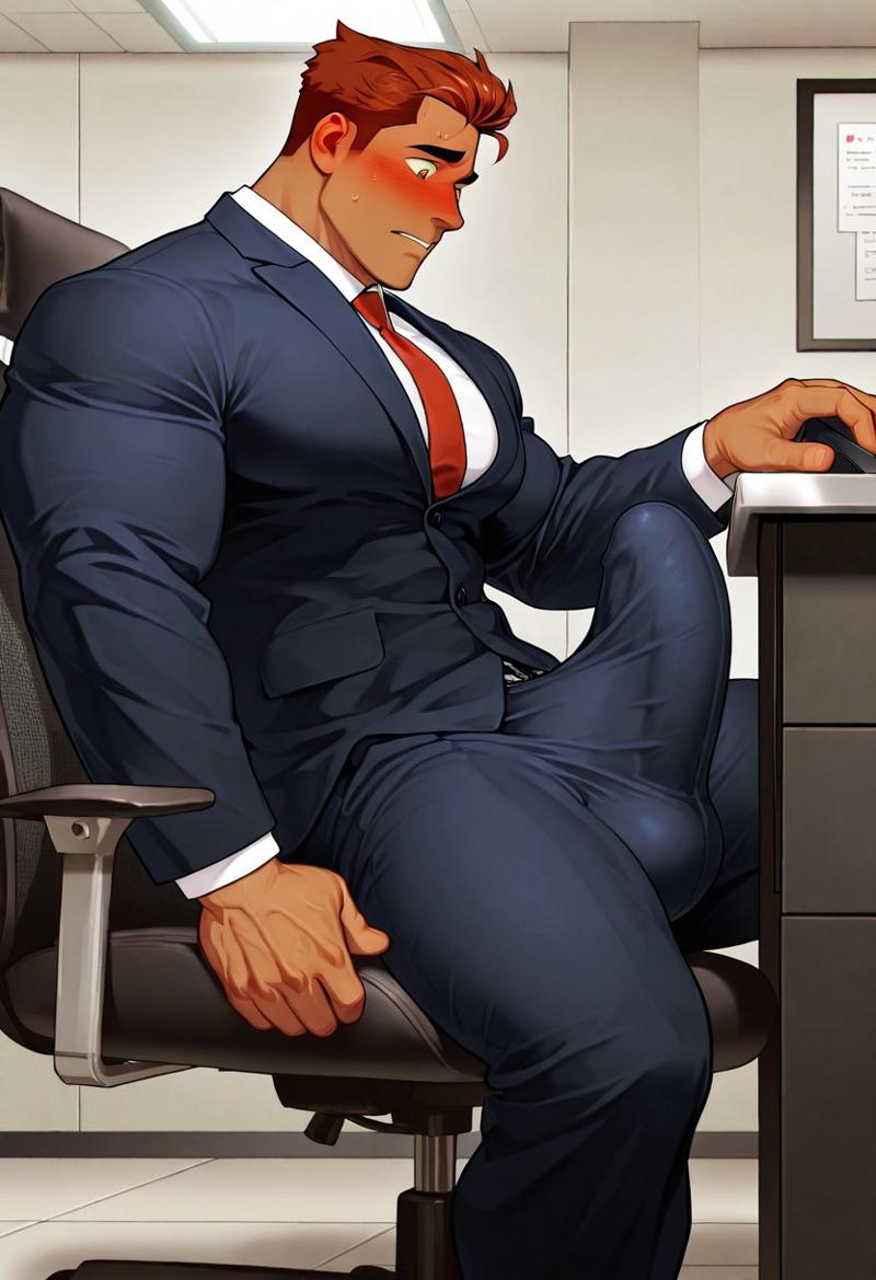 1boy ai_generated balls big_balls big_chest bulge bulge_through_clothing empress erection ginger ginger_hair hard_cock huge_bulge male muscles muscular office office_man raslov suit thick_cock tight_clothing tight_fit