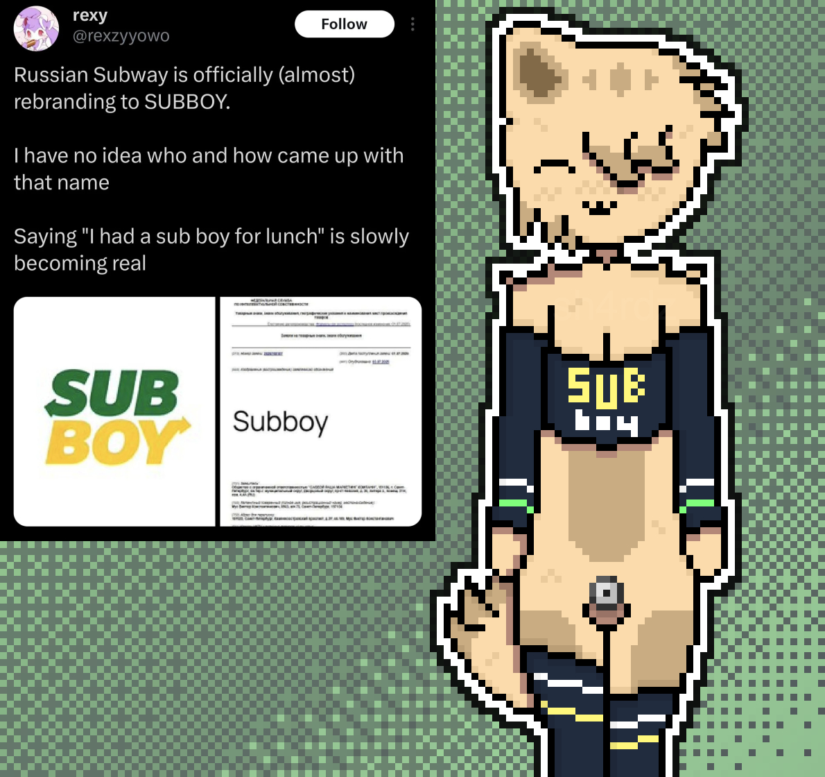 :3, .3, 1boy, 1femboy, 1furry, androgynous, animal genitalia, blush, bra, cat boy, cat ears, catboy, catsune, chastity cage, chastity device, cleavage, close up, close-up, closed eyes, crop top, english text, femboy, femboy only, flat chastity cage, fox tail, full body, fur, furry, furry only, genitals, hand warmers, harry (sh4rdz), hoodie, kitsune tail, male, male only, markings, one eye covered, original, original character, penis, pixel (artwork), pixel art, self insert, self upload, sh4rdz (artist), small penis, subway, subway (franchise), tagme, thick, thighhighs, thighs, twitter post