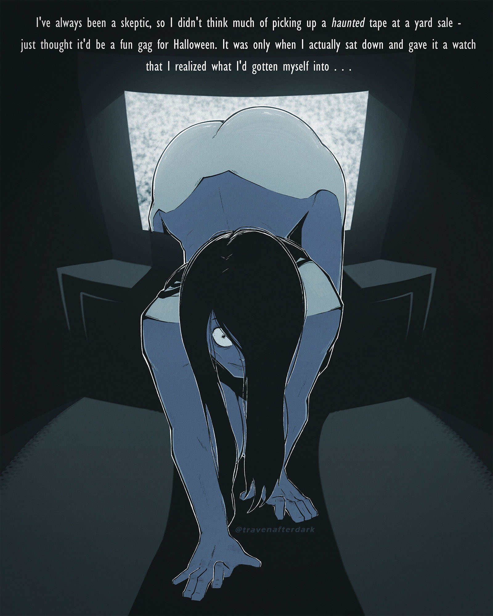 1girls, 2d, alternate version available, artist name, black hair, coming out of tv, completely nude, english text, female, female only, long hair, looking at viewer, naked, naked female, nude, nude female, solo, solo female, the ring, travendraws, tv, yamamura sadako