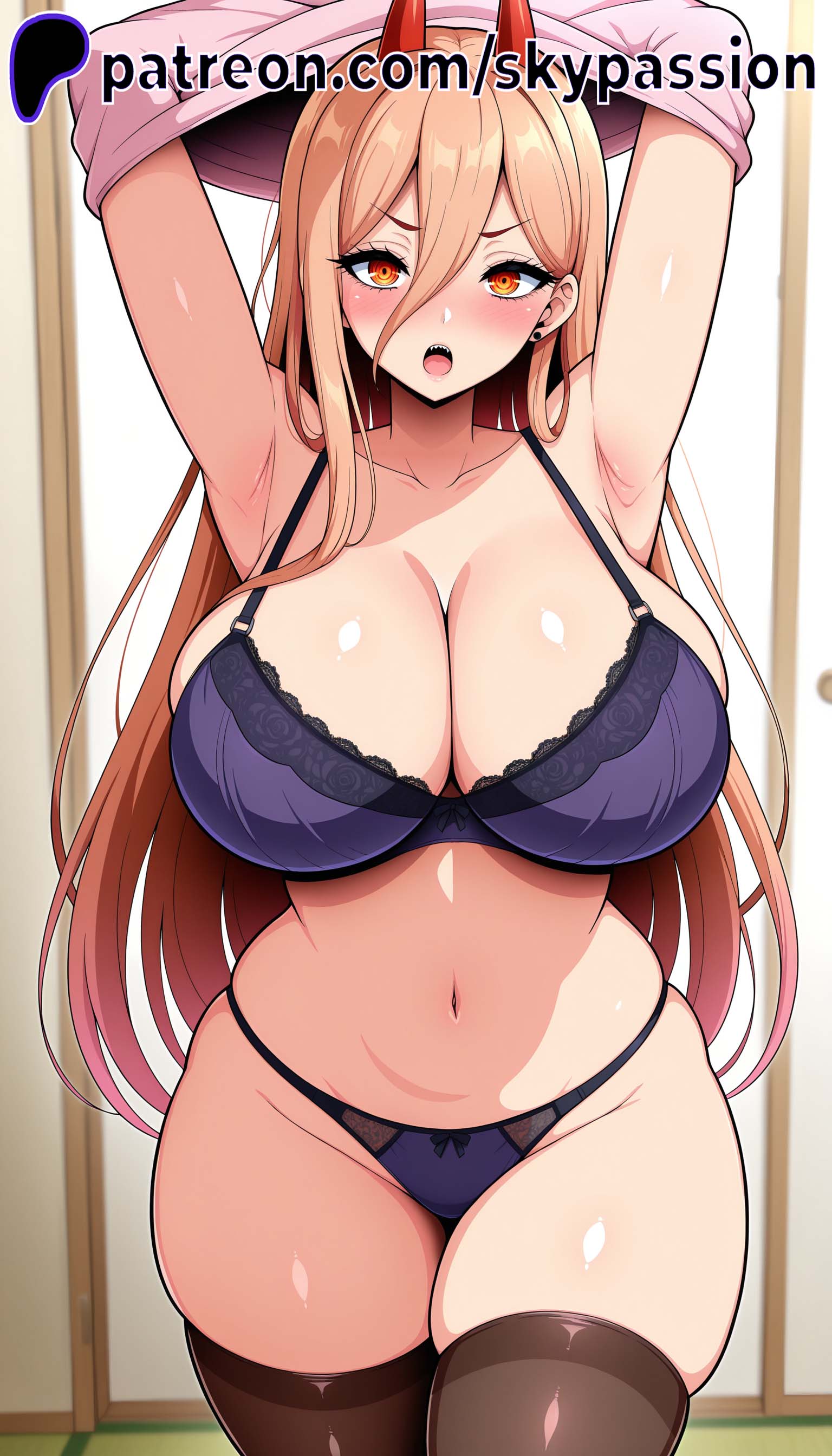 1girls, 2025, ai assisted, ai generated, anime, armpits, artist name, belly, big breasts, big chest, black legwear, blonde hair, blue panties, blush, bra, breasts, bust, busty, chainsaw man, chest, cleavage, curvy, female, female focus, female only, giant breasts, hair between eyes, heavy breasts, hi res, high quality, high resolution, highres, horns, huge boobs, huge breasts, lace-trimmed bra, large breasts, long hair, looking at viewer, massive boobs, massive breasts, navel, open mouth, orange eyes, panties, patreon, patreon username, power (chainsaw man), purple panties, red horns, shirt lift, skindentation, skypassion, solo, stable diffusion, stockings, thick thighs, thighhighs, thighs, underwear, undressing, watermark, wide hips, window