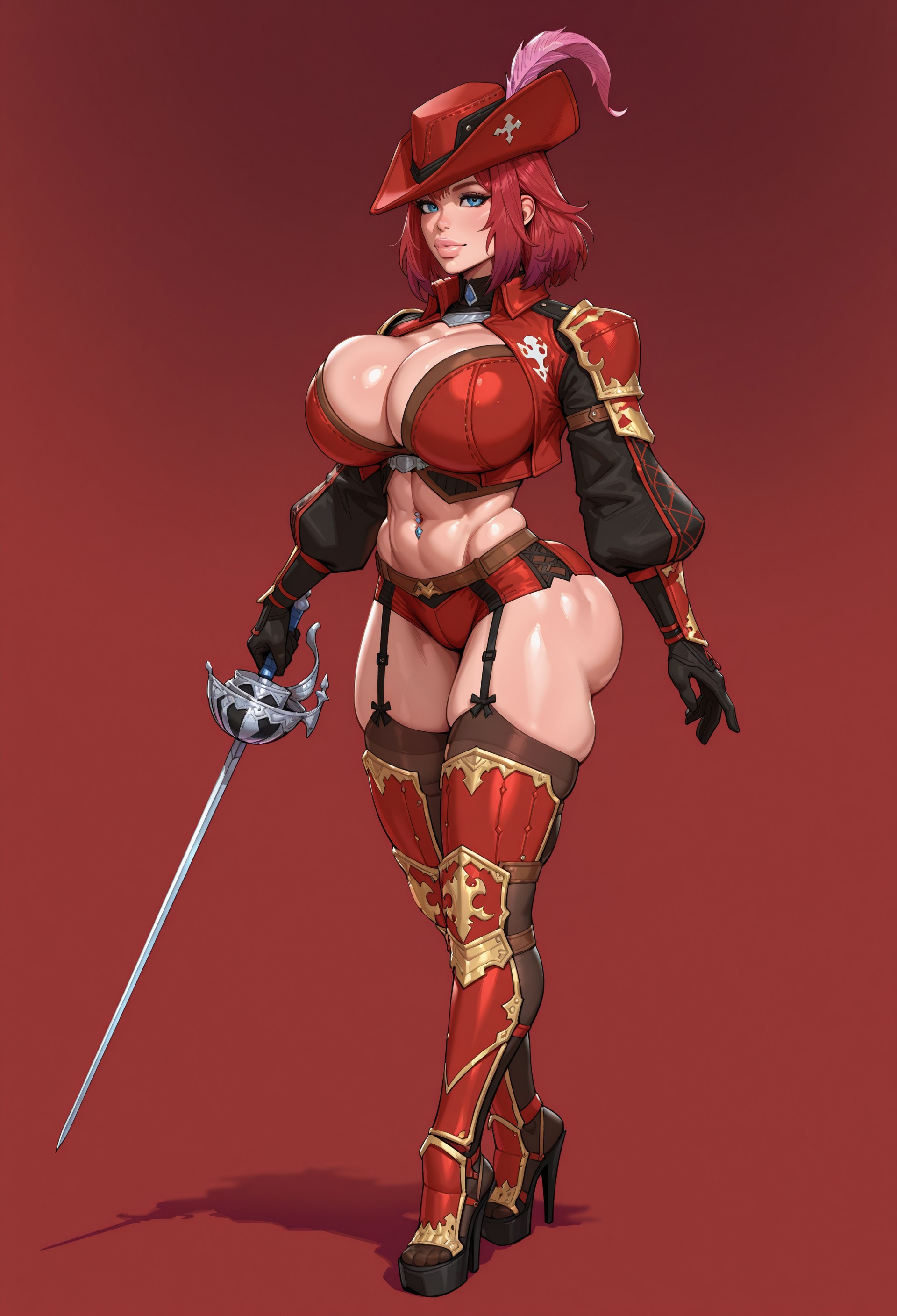ai generated, ass, big lips, bimbo, bimbo lips, bimbofication, breasts, bubble ass, bubble butt, busty, caked up, child bearing hips, cleavage, covered nipples, curves, curvy, curvy body, curvy female, curvy figure, erect nipples under clothes, exposed midriff, fat ass, female, female only, final fantasy, full lips, hat, high heels, hourglass figure, huge breasts, logan d, micro shorts, navel piercing, original character, paag, partially clothed, platform heels, red hair, red mage, shorts, skin tight, solo female, thick, thick thighs, thighhighs, voluptuous