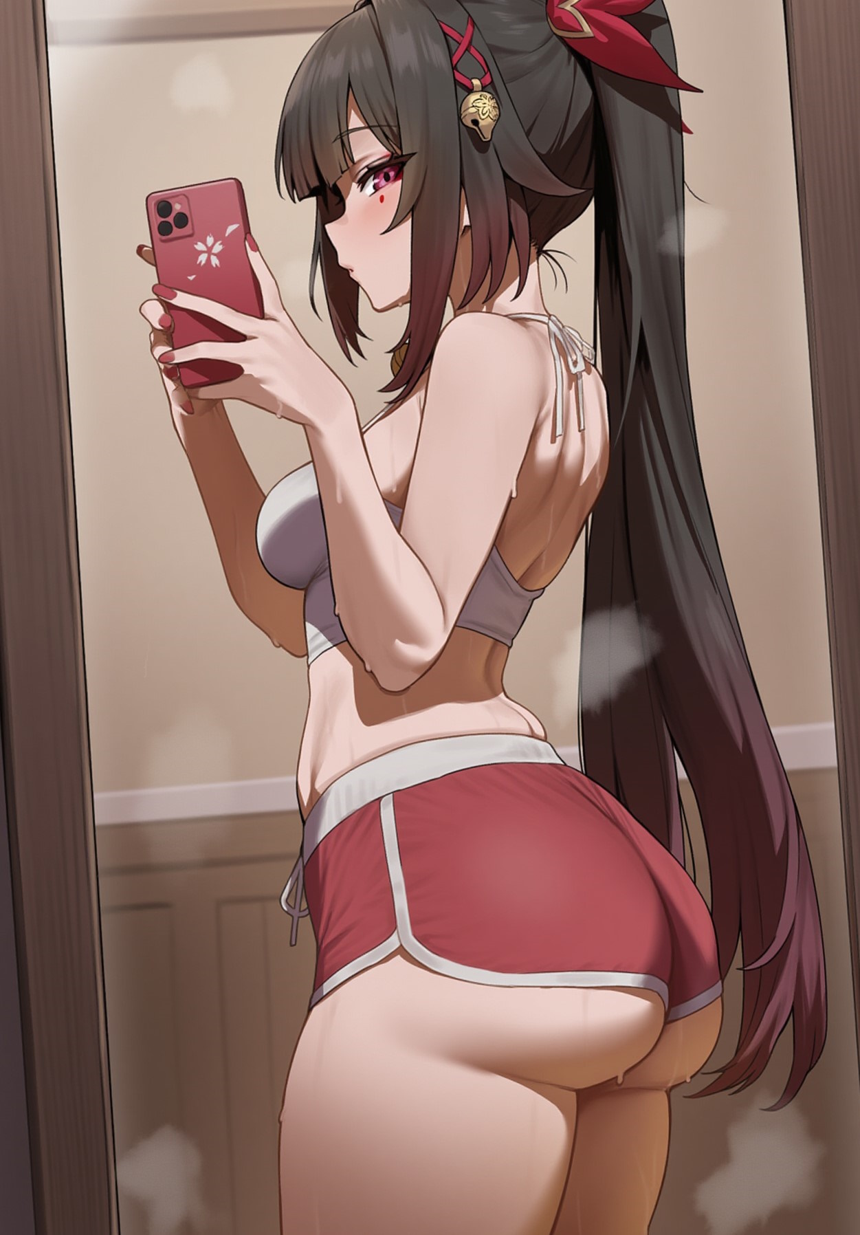 ai generated, ass, ass hanging out, ass hanging out of shorts, big ass, big breasts, booty shorts, breasts, choker, dolphin shorts, female, from side, honkai: star rail, huge ass, mirror, mirror selfie, phone, selfie, shiny skin, short shorts, shorts, side view, sparkle (honkai: star rail), sports bra, sportswear, sweat, thick thighs, tight clothing, twintails, wide hips, wink