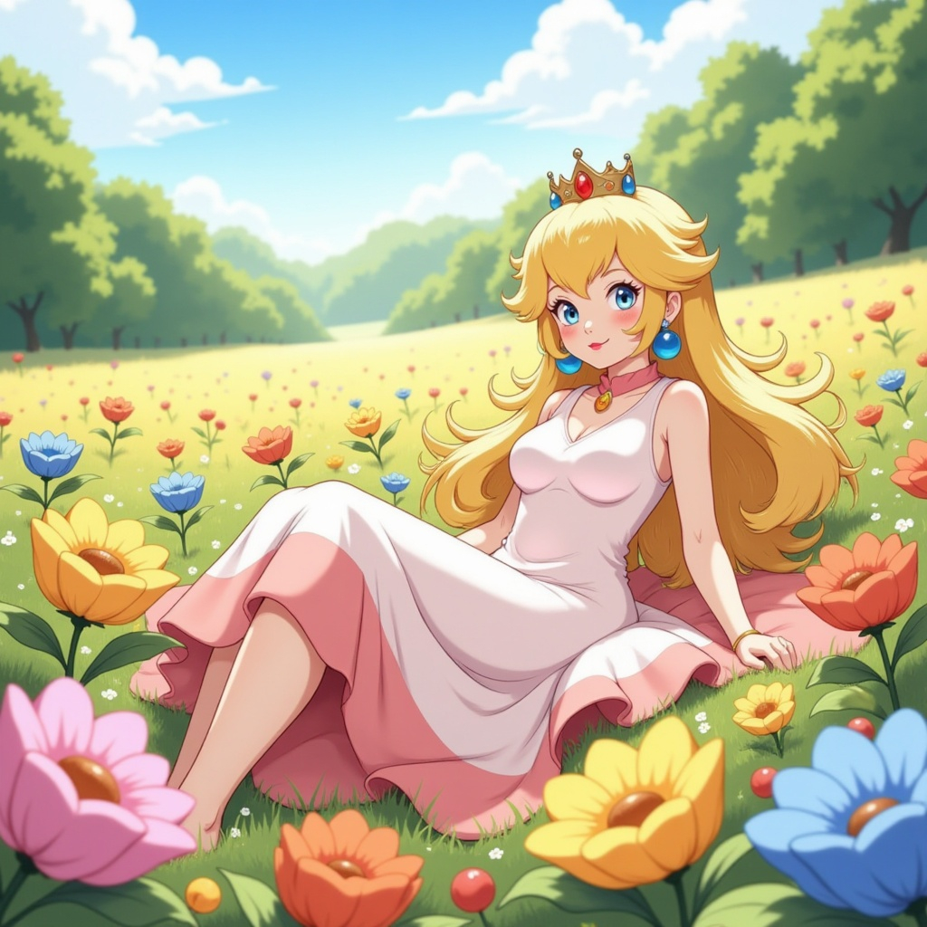 2025 ai_generated belles_sexy_cartoons blonde_female blonde_girl blonde_hair_female blue_earrings deviantart different_dress female flower flowers forest garden golden_crown light_blue_eyes looking_at_viewer mario_(series) meta nintendo pink_cheeks princess_peach red_lipstick smile_at_viewer super_mario_bros.