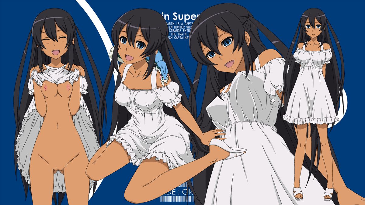 bare_shoulders black_hair blue_eyes blush captain_earth clothing collarbones dark_skin dress dress_lift long_hair mutou_hana no_bra no_panties open_mouth smile sukima_sangyou tan tied_hair twintails white_dress