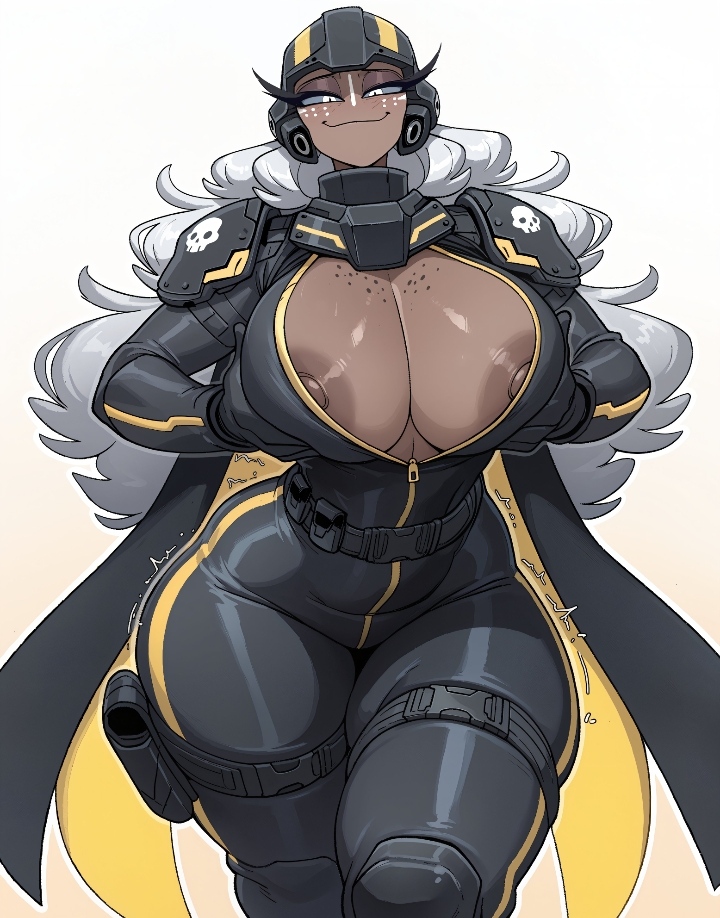 1milf, 2020s, 2026, ai generated, areolae, armor, arrowhead game studios, big areola, big nipples, big thighs, black clothing, breasts almost out, cape, cleavage, clothed, crossover cosplay, curvy, dark skin, dark-skinned female, eyelashes, female, female only, hazbin hotel, helldiver (helldivers), helldivers, helldivers (series), helldivers 2, holding breast, holding own breast, huge breasts, huge thighs, long hair, looking at viewer, lustful mind, mature female, milf, motion lines, naughty smile, nipples, no ai, open zipper, sera (hazbin hotel), smile, solo, sony interactive entertainment, twitter link, voluptuous, western cartoon, white background, white hair, wide hips, zipper, zipper down
