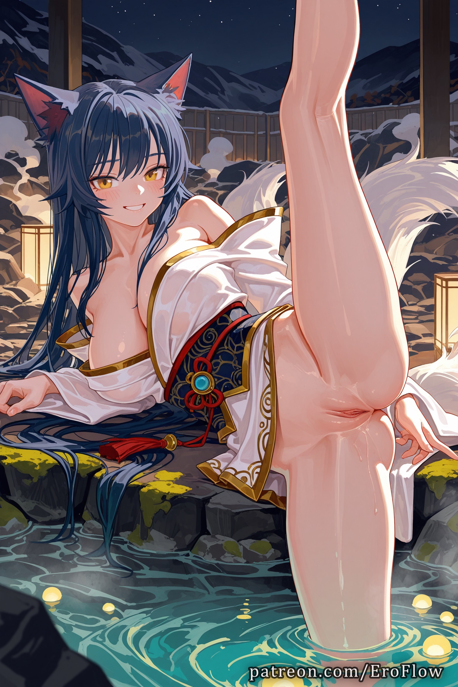 1girls, 2025, ahri, ai generated, animal ear fluff, animal ears, bangs, bare shoulders, black hair, blush, breasts, cleavage, eroflow, facial mark, female, fox ears, fox girl, fox tail, grin, hi res, highres, japanese clothes, large breasts, league of legends, league of legends: wild rift, leg up, long hair, long sleeves, looking at viewer, makeup, multi tail, night, obi, onsen, outdoors, patreon, pool, pussy, riot games, sash, smile, solo, tail, uncensored, vagina, voluptuous, voluptuous female, water, wet, wet clothes, whisker markings, white kimono, yellow eyes