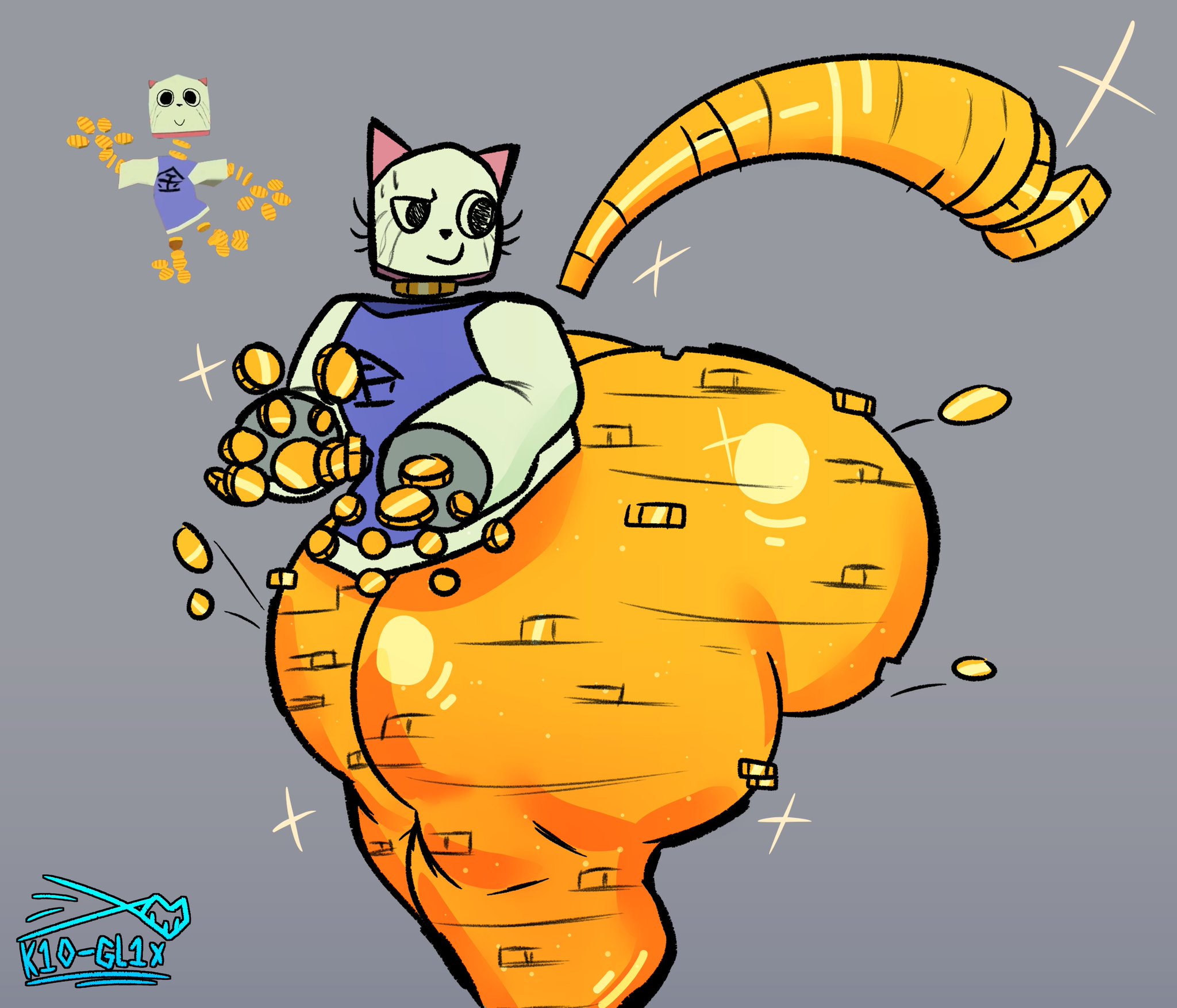 1boy, animate inanimate, anthro, artist logo, artist name, ass, ass bigger than head, ass bigger than torso, big ass, big butt, big thighs, bubble ass, bubble butt, coins, concerned, dream bbq, ena (series), feline, femboy, floating hands, floating head, gigantic ass, gold jewelry, grey background, huge ass, huge thighs, k1o gl1x, kane (dream bbq), kane (ena), looking at butt, looking back, male, male only, motion lines, reference image, solo, solo male, sparkles, tail, thick thighs, topwear, yellow body