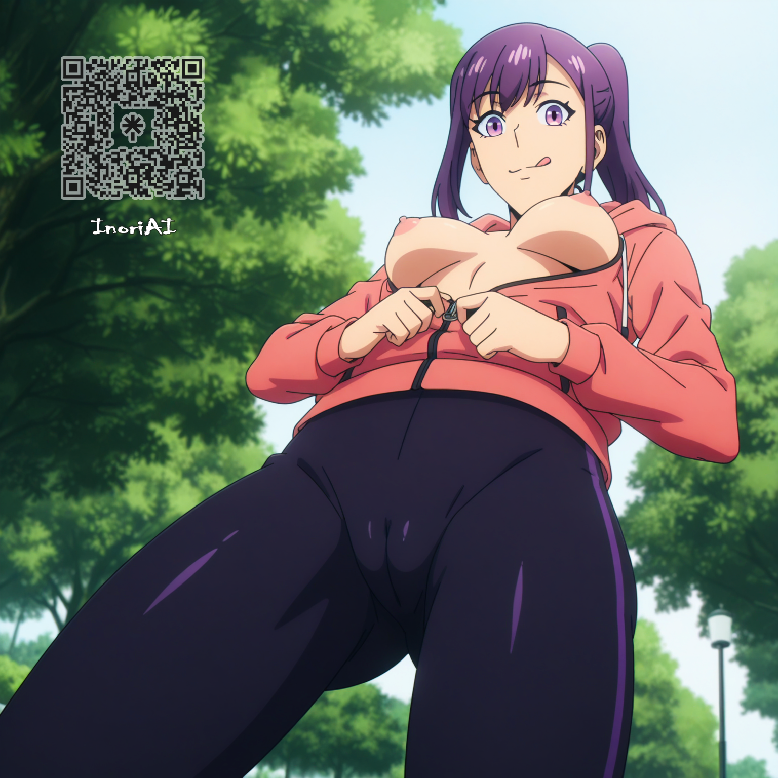 1girls, ai generated, bent over, breasts, cameltoe, female, inoriai, light skin, light-skinned female, medium breasts, nipples, pink jacket, ponytail, pov, purple eyes, purple hair, pussy, solo, solo leveling, sung jin-ah, unzipping, yoga pants