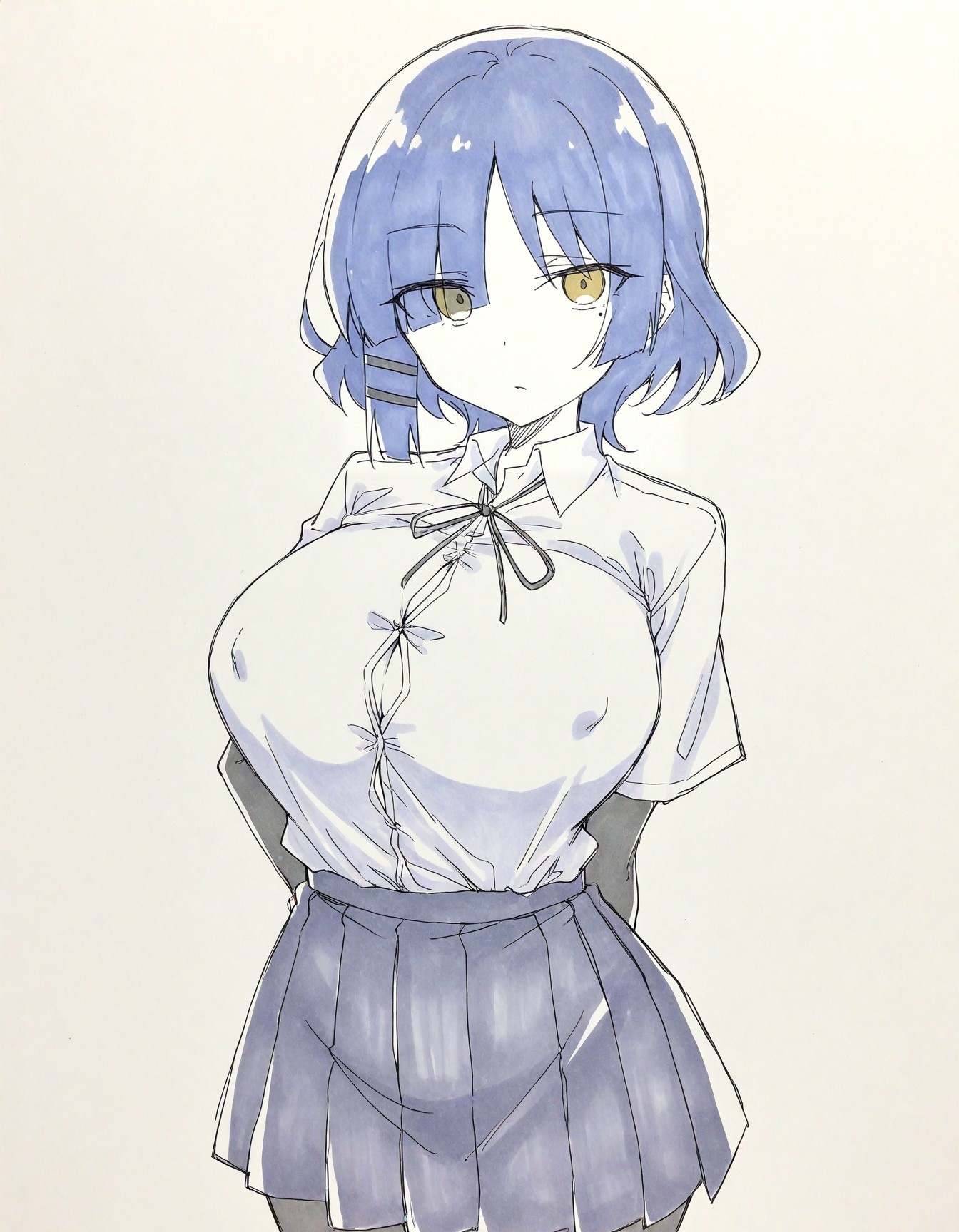1girls, ai generated, blue hair, bocchi the rock!, breasts, button gap, covered nipples, cowboy shot, female, goonedoutp3rv, green eyes, huge breasts, looking at viewer, marker (medium), mole, school uniform, shirt, short hair, simple background, sketch, skirt, solo, solo female, white shirt, yamada ryou