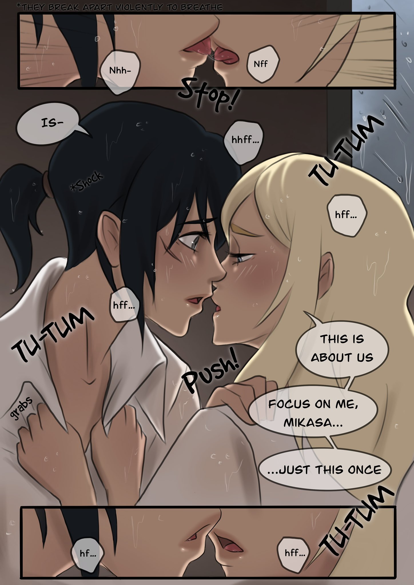 2girls, attack on titan, christa lenz, comic, comic page, female, female only, historia reiss, kissing, mikasa ackerman, okonomiyaky, seducing, seduction, seductive, shingeki no kyojin, speech bubble, yuri
