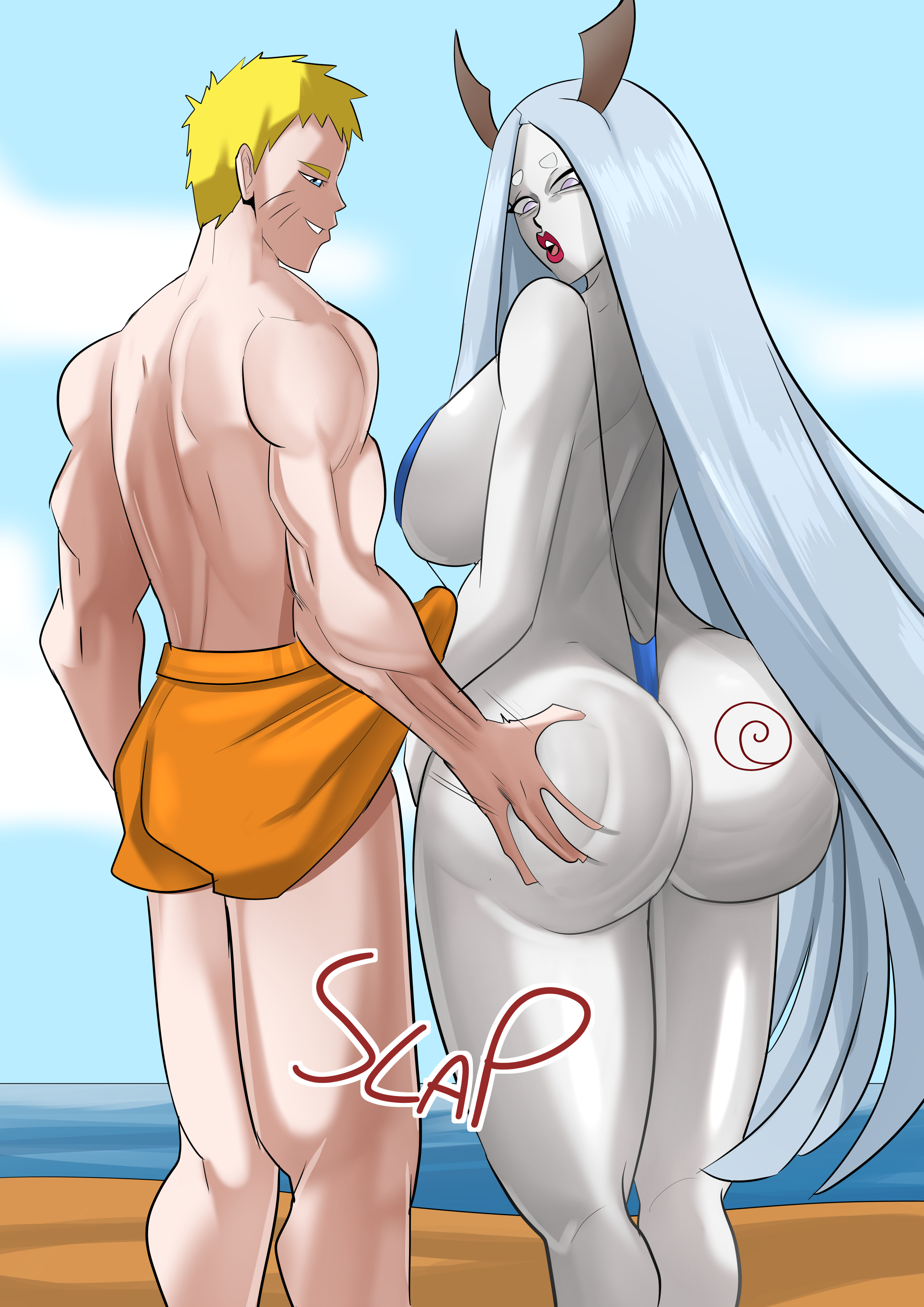 1boy, 1girls, age difference, ancestor and descendant, ass, ass grab, beach, big ass, big breasts, blonde hair, branding mark, breasts, erection, female, horns, imminent sex, male, mature female, milf, naruto, naruto (series), older female, otsutsuki kaguya, slap, slapping, slapping ass, slapping butt, smile, suprised, swimsuit, uzumaki naruto, uzumaki symbol, venomarts00, very long hair, white hair, white skin, white-skinned female, younger male