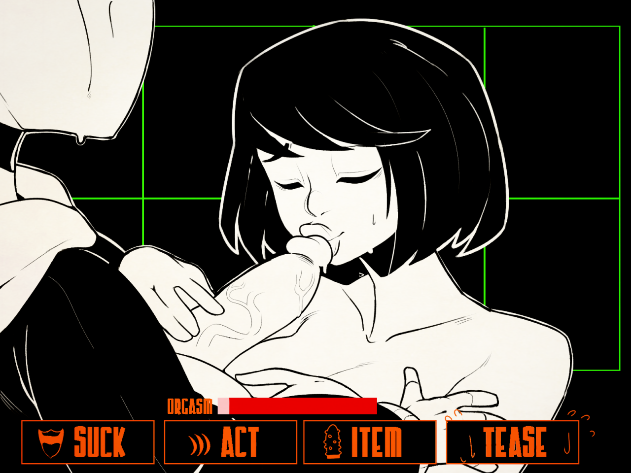 artist request, ass, breasts, brown hair, female, female frisk, frisk, kissing penis, lips, male, penis, sans, skeleton, undertale, undertale (series), veiny penis