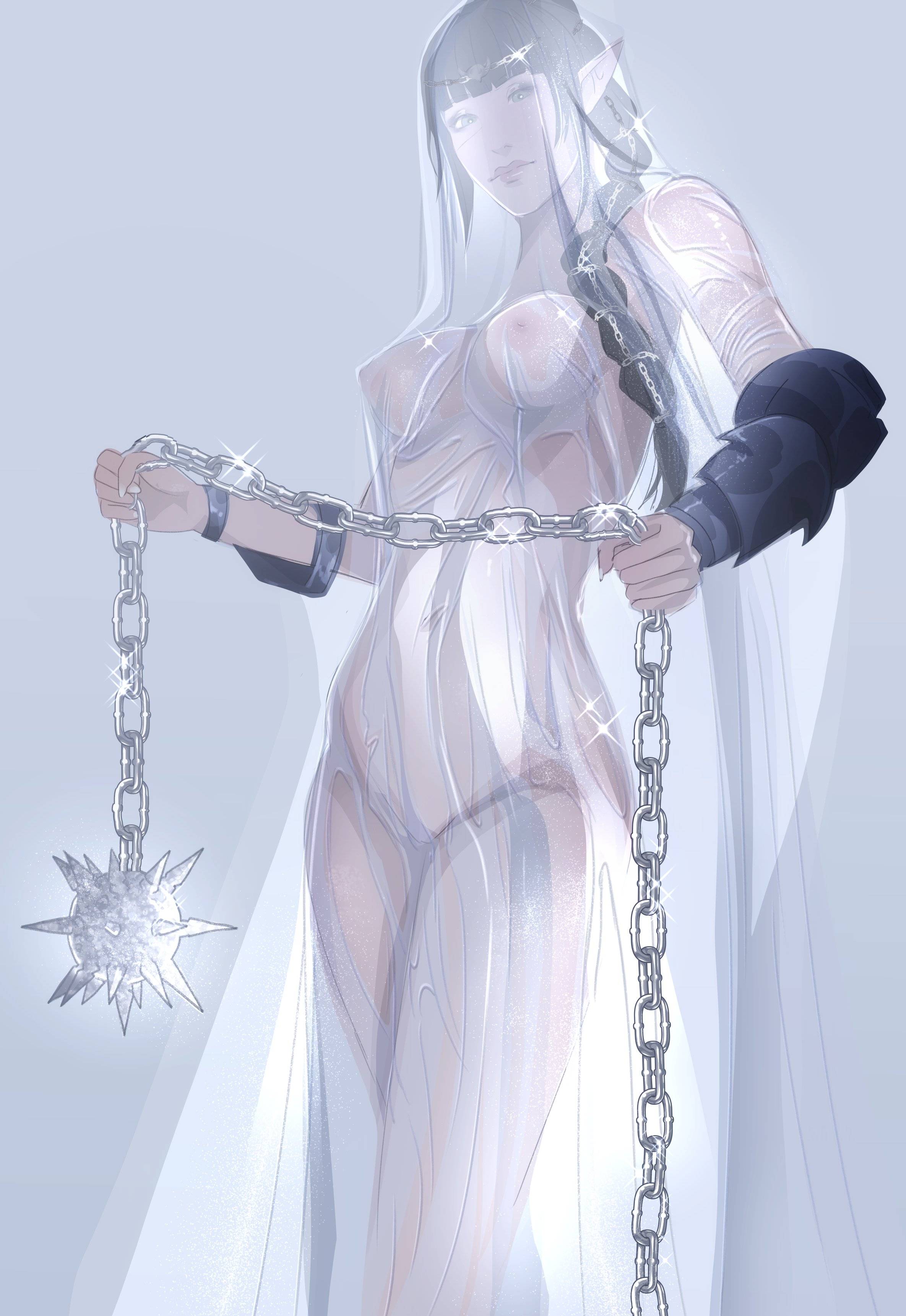 1girls, armwear, baldur's gate, baldur's gate 3, big breasts, black hair, braided hair, breasts, chains, fanart, female, female only, green eyes, holding object, missamethysa, nipples visible through clothing, shadowheart, simple background, solo, solo female, translucent clothing