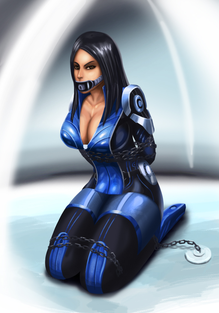 1girls, arms behind back, ashley williams, black hair, blue legwear, bodysuit, bondage, bound, breasts, brown eyes, chains, cleavage, ea, female, female only, femsub, gag, indoors, kneeling, large breasts, long hair, looking at viewer, mass effect, shackles, skin tight, solo, svoidist, thighhighs