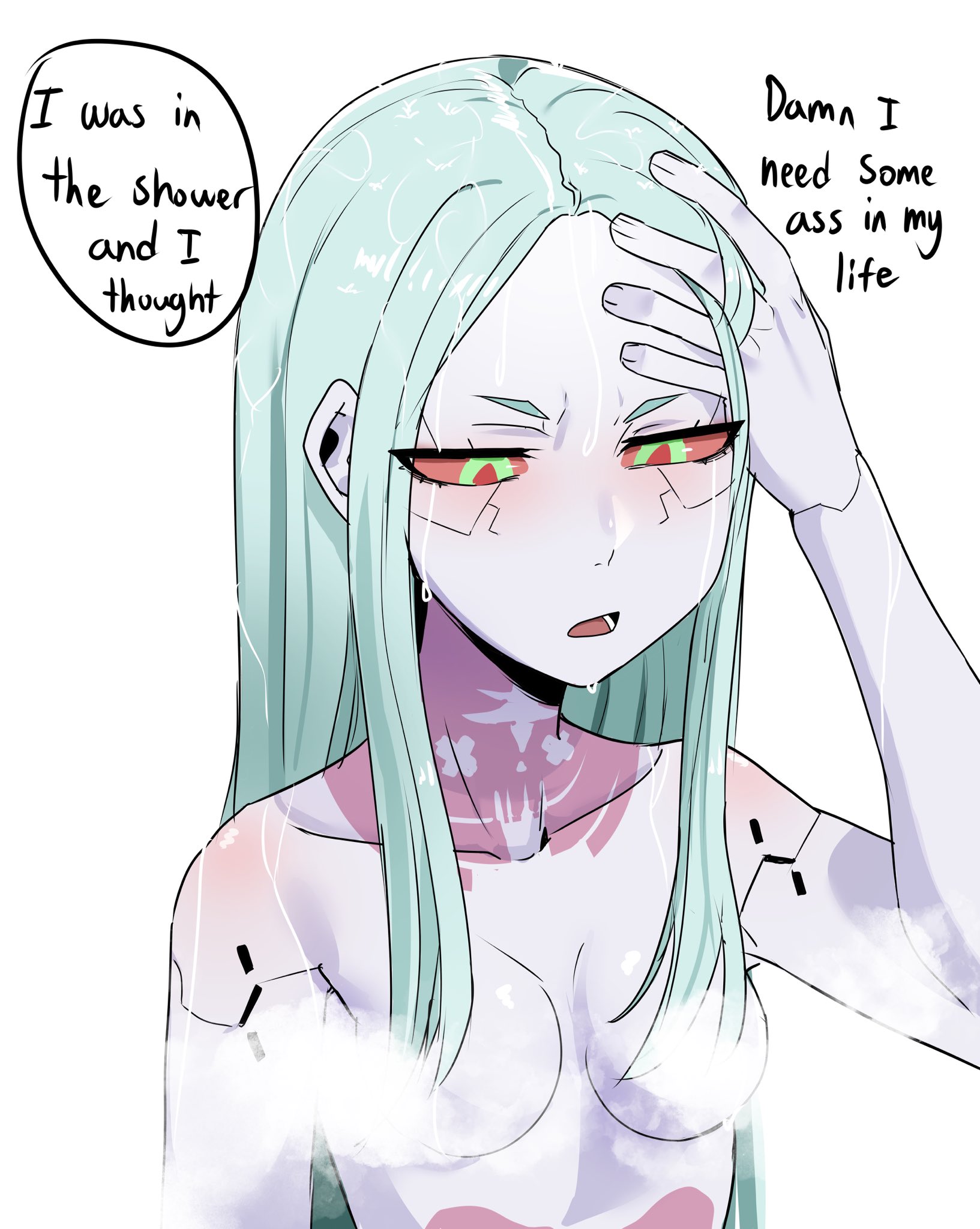 1girls, 2020s, 2023, bare shoulders, blush, breasts, collarbone, completely nude, convenient censoring, cyberpunk (series), cyberpunk: edgerunners, cyborg, english text, female, green hair, highres, kaneyarts, long hair, looking down, nude, open mouth, pale skin, rebecca (edgerunners), red eyes, showering, simple background, small breasts, solo, steam, steam censor, talking, upper body, wet, white background
