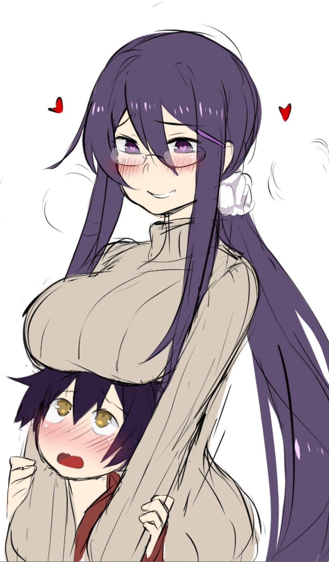 1boy, 1girls, blush, boob hat, breasts, brown sweater, clothed, clothed female, doki doki literature club, female, hair between eyes, hair ornament, hairclip, heart-shaped pupils, large breasts, long hair, long sleeves, male, otxoa60, purple eyes, purple hair, smaller male, smile, sweater, tall female, very long hair, very long-haired female, yuri (doki doki literature club)
