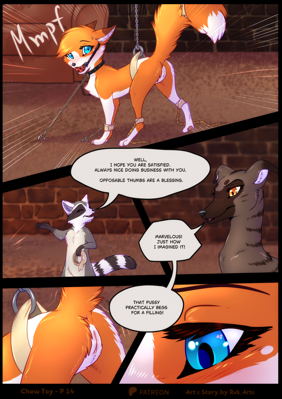 ball_gag blue_eyes bondage bound canid canine canis domestic_dog english_text feral fox fur gag genitals hi_res humanoid_genitalia humanoid_genitalia_on_feral humanoid_pussy humanoid_pussy_on_feral mammal orange_body orange_fur procyonid pussy raccoon raised_tail restrained rukifox tail tail_tied tape text tied_up yui_(rukifox)