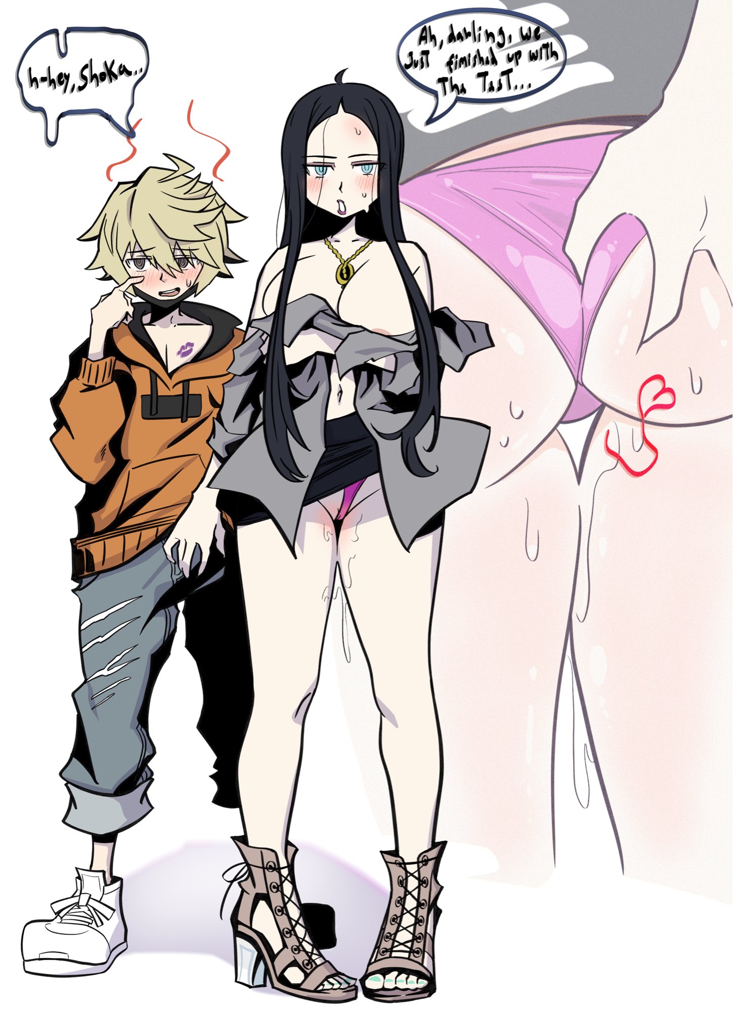 after sex, almost naked, areolae, areolae slip, ass, ass focus, ass grab, ayano kamachi, bare shoulders, barely clothed, barely visible genitalia, barely visible pussy, belly, belly button, big ass, big breasts, big butt, blush, blushing at viewer, blushing female, blushing male, breasts, cheating, cheating boyfriend, cleavage, clothed, covered nipples, covering breasts, cum drip, deep cleavage, dialogue, embarrassed, female, half-dressed, holding ass, holding erection, holding penis, jacket off shoulders, jacket open, kamachi ayano, kanade rindou, kiss mark, long hair, looking at viewer, male, messy, messy hair, necklace, necklace between breasts, neo: the world ends with you, nervous, nervous smile, netorare, nipple slip, panties, panties aside, partially clothed, partially clothed female, penis, purple lipstick, pussy, pussy juice, pussy juice drip, rindo kanade, skirt, skirt lift, skirt up, spaghett8, spaghetto087, squeezing butt, standing, taller female, text, text bubble, the world ends with you, thick ass, thick thighs, thighs