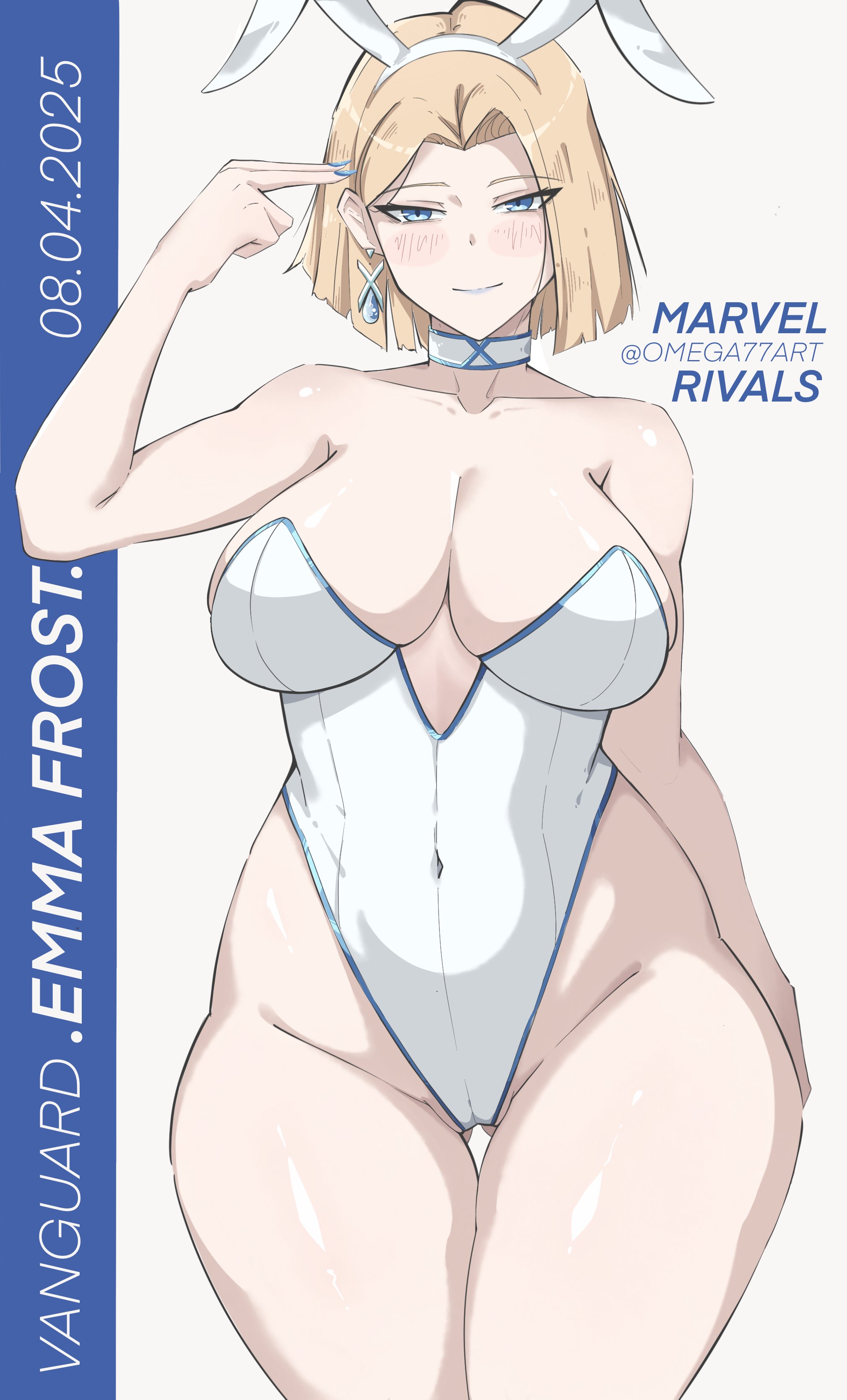 1girls, artist request, belly, blonde female, blonde hair, blue lipstick, blue nails, bob cut, breasts, bunny ears, bunnysuit, choker, emma frost, emma frost (marvel rivals), female, female focus, female only, hi res, large breasts, leotard, light skin, light-skinned female, looking at viewer, marvel, marvel comics, marvel rivals, omeg77art, pale skin, pale-skinned female, solo, thick thighs, thighs, white choker, wide hips