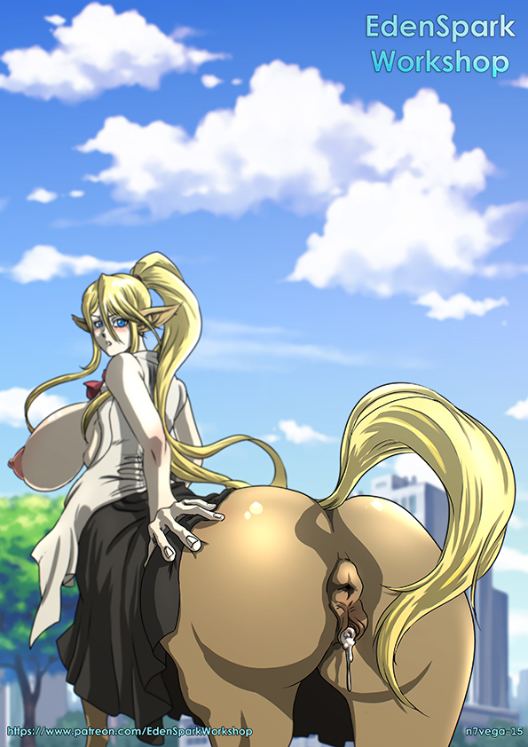 1girls after_sex animal_pussy anus ass bad_anatomy big_breasts blonde_hair blue_eyes blush breasts centaur centorea_shianus clothing color cum cum_in_pussy cum_inside equine female female_only hair hand_on_ass huge_breasts human ittoryu24 long_hair looking_back mammal monster monster_girl monster_musume_no_iru_nichijou nipples open_clothes open_shirt pointy_ears ponytail presenting presenting_anus presenting_hindquarters presenting_pussy pussy raised_tail semen shirt solo taur tied_hair