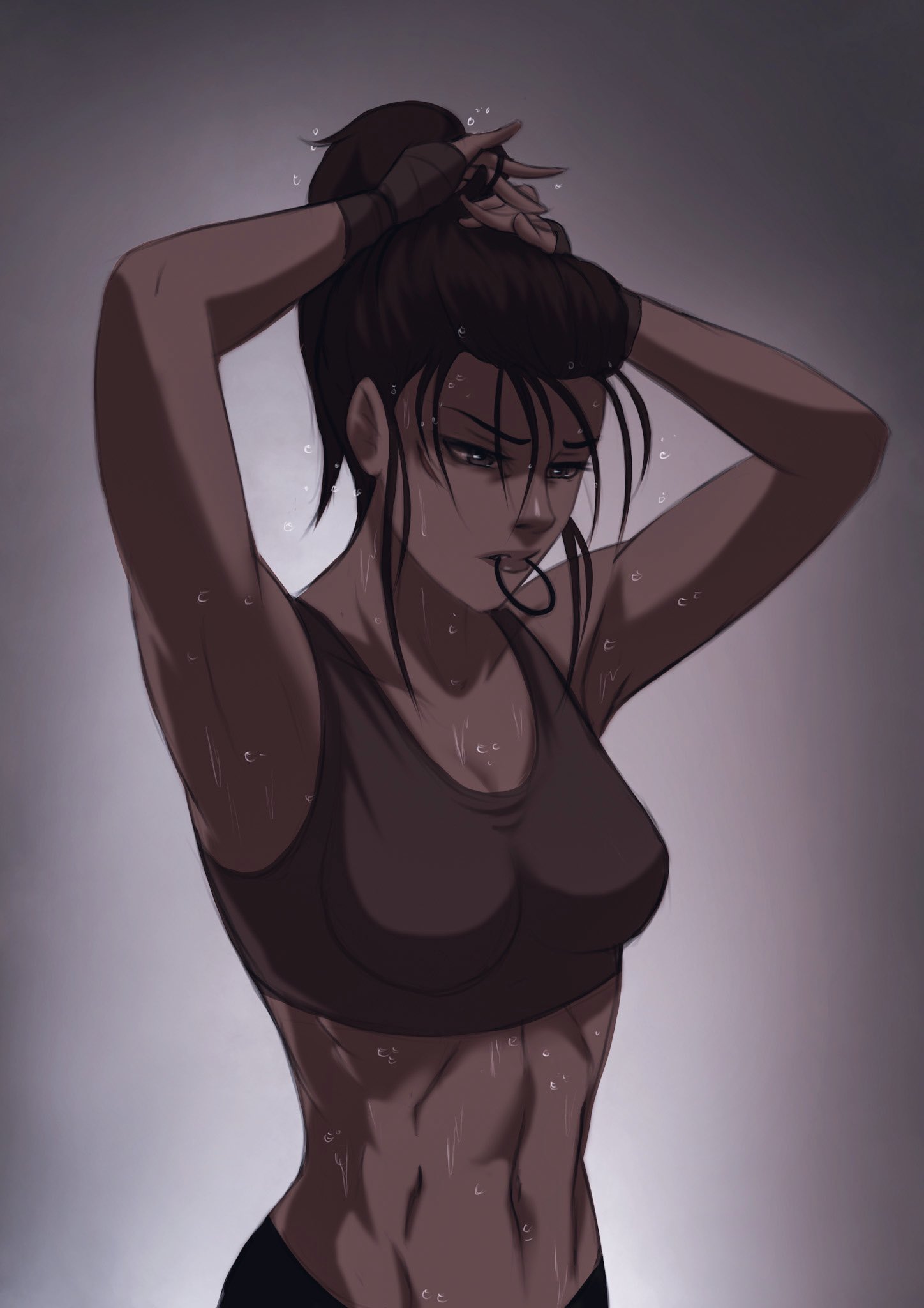 1girls, abs, after workout, armpits, asian, asian female, athletic, athletic female, attack on titan, black hair, chiseled abs, female, female abs, fit, fit female, gym clothes, mikasa ackerman, muscular, muscular abdomen, muscular abs, okonomiyaky, shingeki no kyojin, sports bra, sweat, sweatdrop, sweating, sweaty, sweaty body, training, tying hair, workout, workout clothes