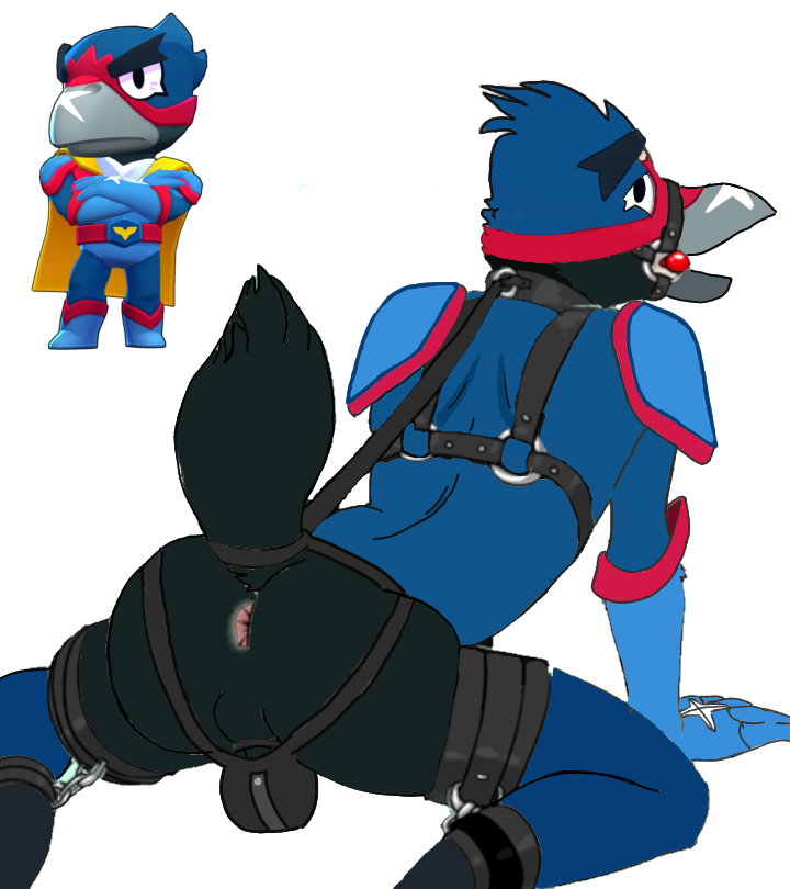 andromorph anthro anus avian bird bound brawl_stars chastity_cage chastity_device corvid corvus_(genus) crow crow_(brawl_stars) cuff_(restraint) gag gay harness intersex kneeling male meeow4deeow open_mouth oscine passerine restraints solo submissive supercell_(company)