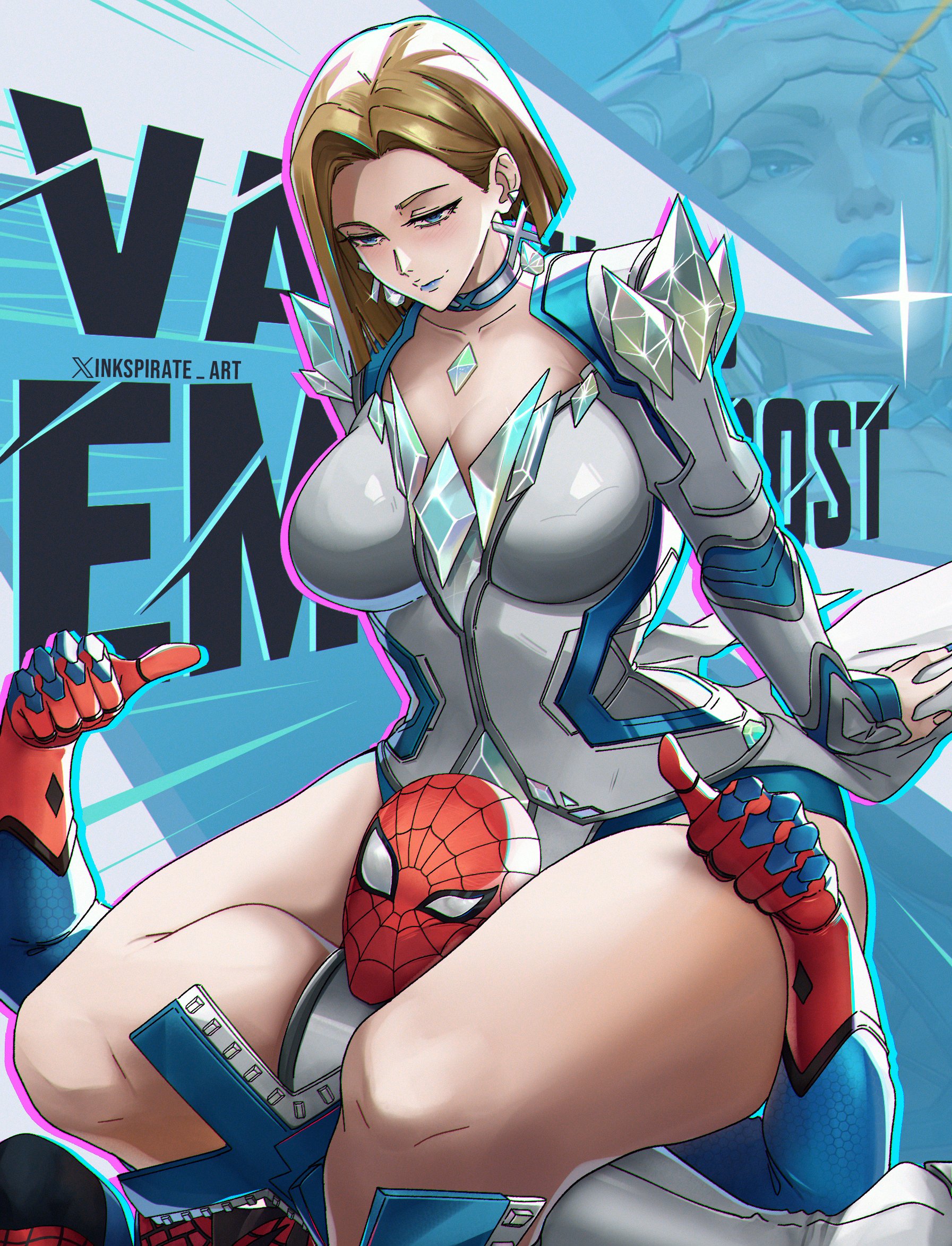 1boy, 1girls, blonde female, blonde hair, blue lipstick, blue nails, bob cut, boots, breasts, emma frost, emma frost (marvel rivals), english text, female, female focus, femdom, head between thighs, headscissor, hi res, high heel boots, high heels, inkspirate, large breasts, leotard, light skin, light-skinned female, male, male/female, marvel, marvel comics, marvel rivals, peter parker, spider-man, spider-man (marvel rivals), spider-man (series), straight, text, thick thighs, thighs, thumbs up, wide hips