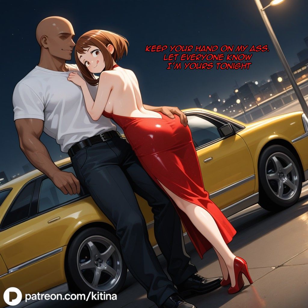 1boy, 1girls, after fellatio, ai generated, ass, bare shoulders, big ass, big breasts, boku no hero academia, breasts, brown hair, car, cuckold, cuckolding, dark skin, dark-skinned male, english text, faceless male, female, femdom, femdom caption, findom, hand on ass, hand on butt, horny, horny female, interracial, kitina, licking lips, light skin, light-skinned female, looking at partner, looking at viewer, male, muscular, muscular male, my hero academia, ntr, ochako uraraka, red dress, red heels, revealing clothes, short hair, smiling, smug, tagme, teasing, text, uraraka ochako, white shirt
