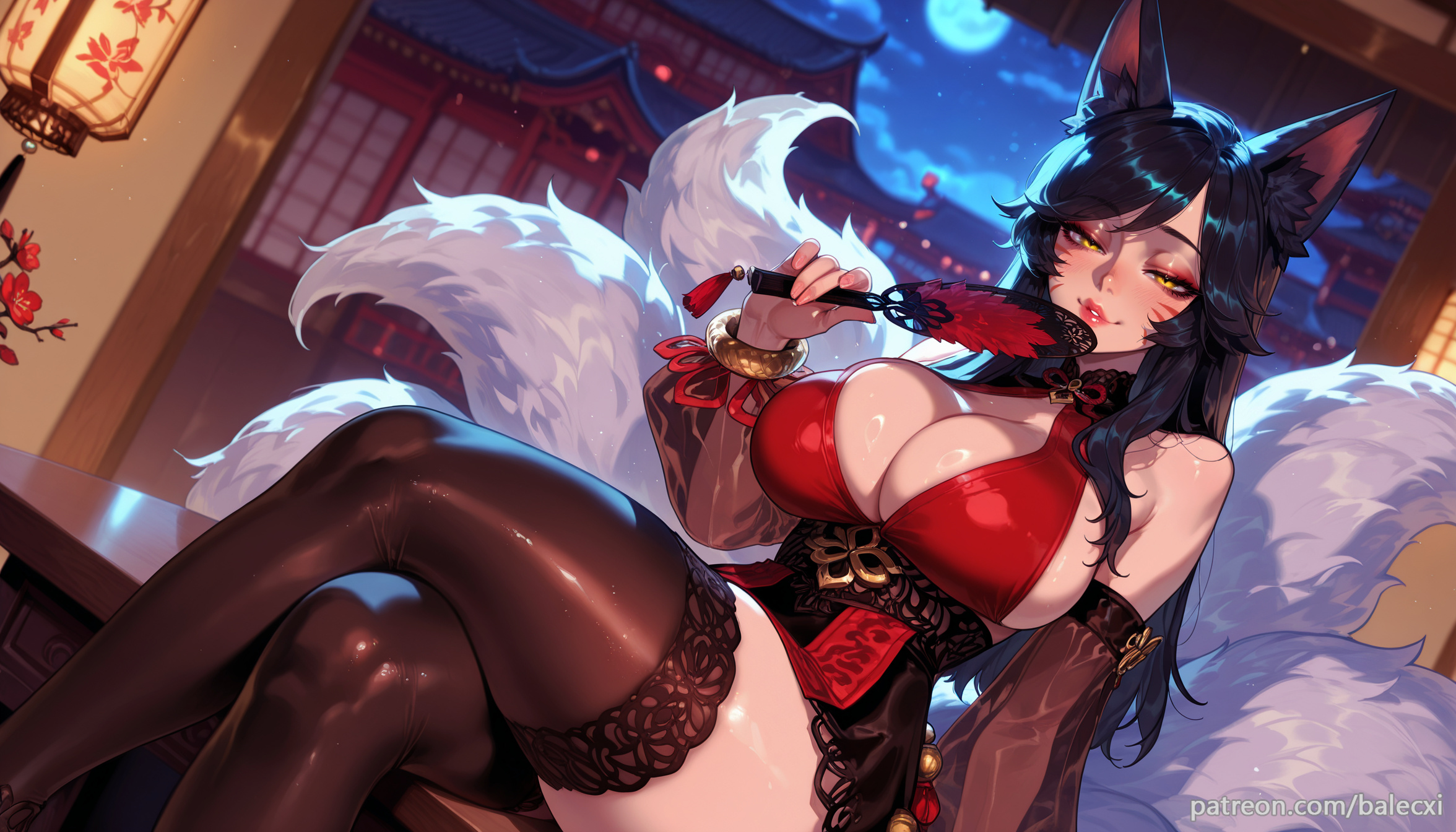 ahri, ahri (league of legends), ai generated, animal ears, balecxi, bare shoulders, black hair, breasts, cleavage, crossed legs, detached sleeves, facial mark, female, fox ears, fox girl, fox tail, hand fan, hooters, large breasts, league of legends, long hair, looking at viewer, multi tail, red dress, sitting, solo, thighhighs, whisker markings, yellow eyes