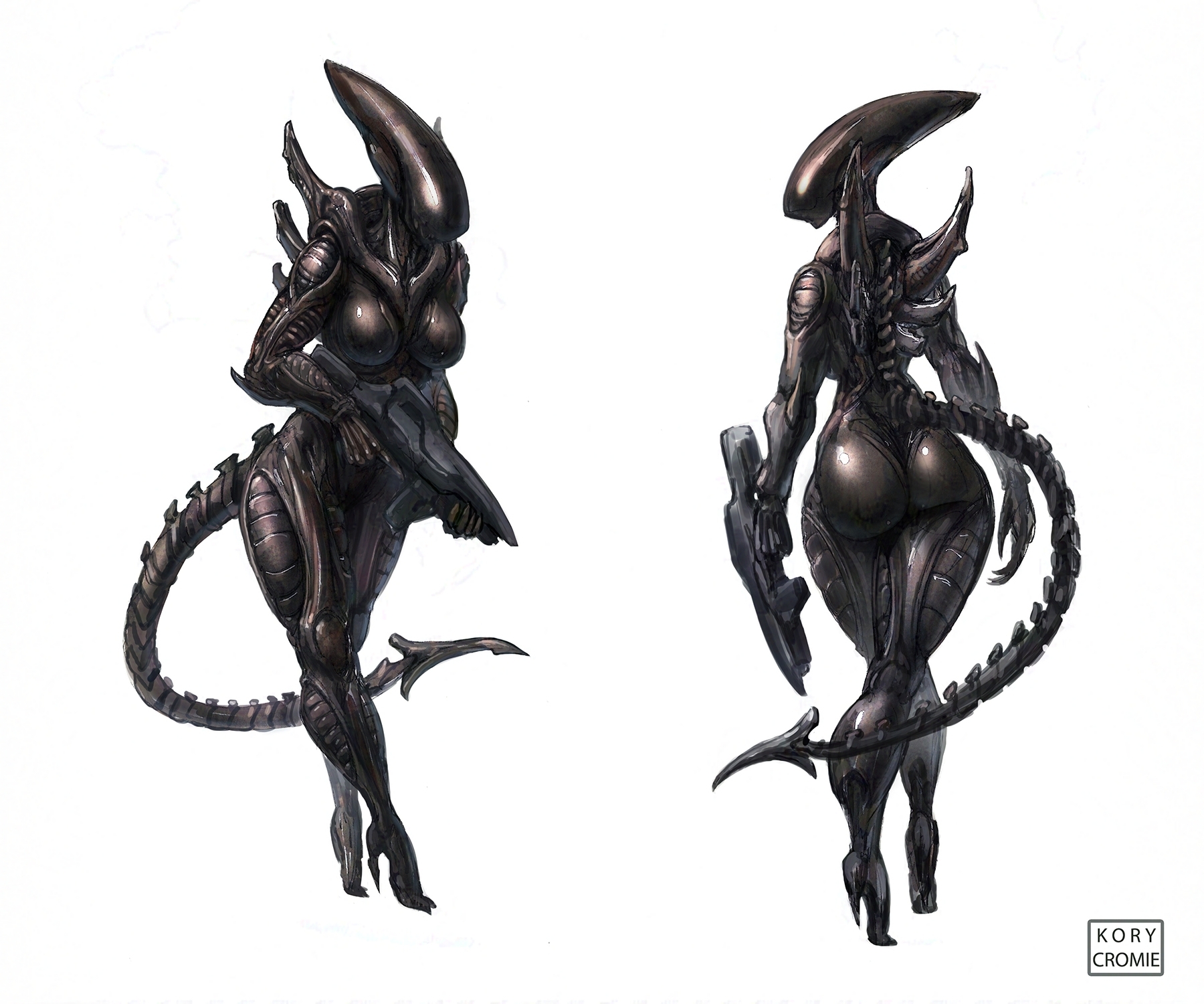 1girls, 2d, alien, alien (franchise), alien girl, ass, black body, breasts, exoskeleton, female, female only, female xenomorph, femomorph, gun, holding object, holding weapon, kory cromie, long tail, solo, solo female, spines, tail, xenomorph, xenomorph tail