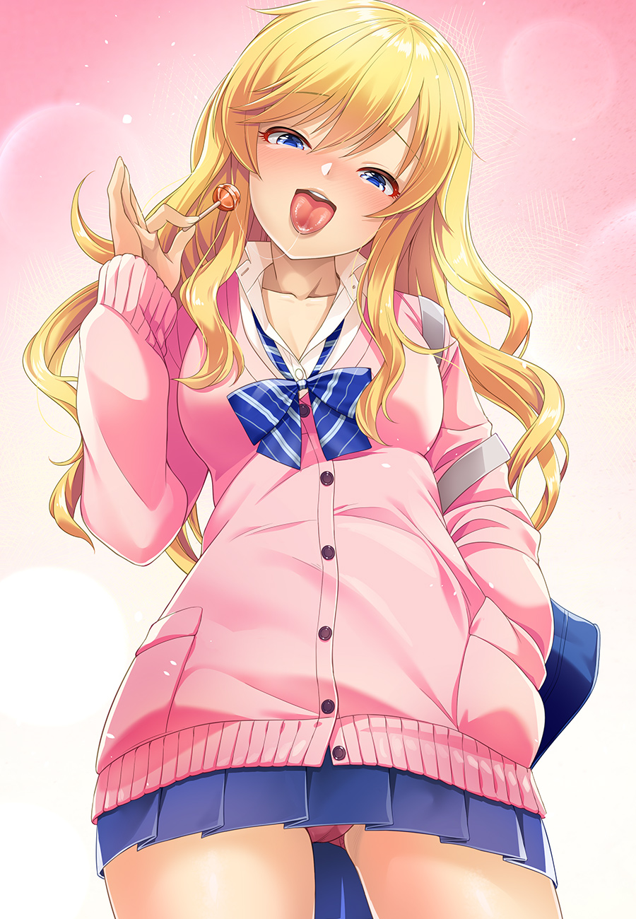 1girls bag blonde_hair blue_bow blue_bowtie blue_eyes blue_skirt blush bow bowtie breasts buttons candy female food gyaru highres idolmaster idolmaster_cinderella_girls idolmaster_cinderella_girls_starlight_stage large_breasts lollipop long_hair looking_at_viewer mk_(mod0) ohtsuki_yui open_mouth panties pink_background pink_panties pink_sweater pleated_skirt school_bag skirt smile solo striped_bow striped_bowtie striped_clothes sweater thighs underwear upskirt wavy_hair