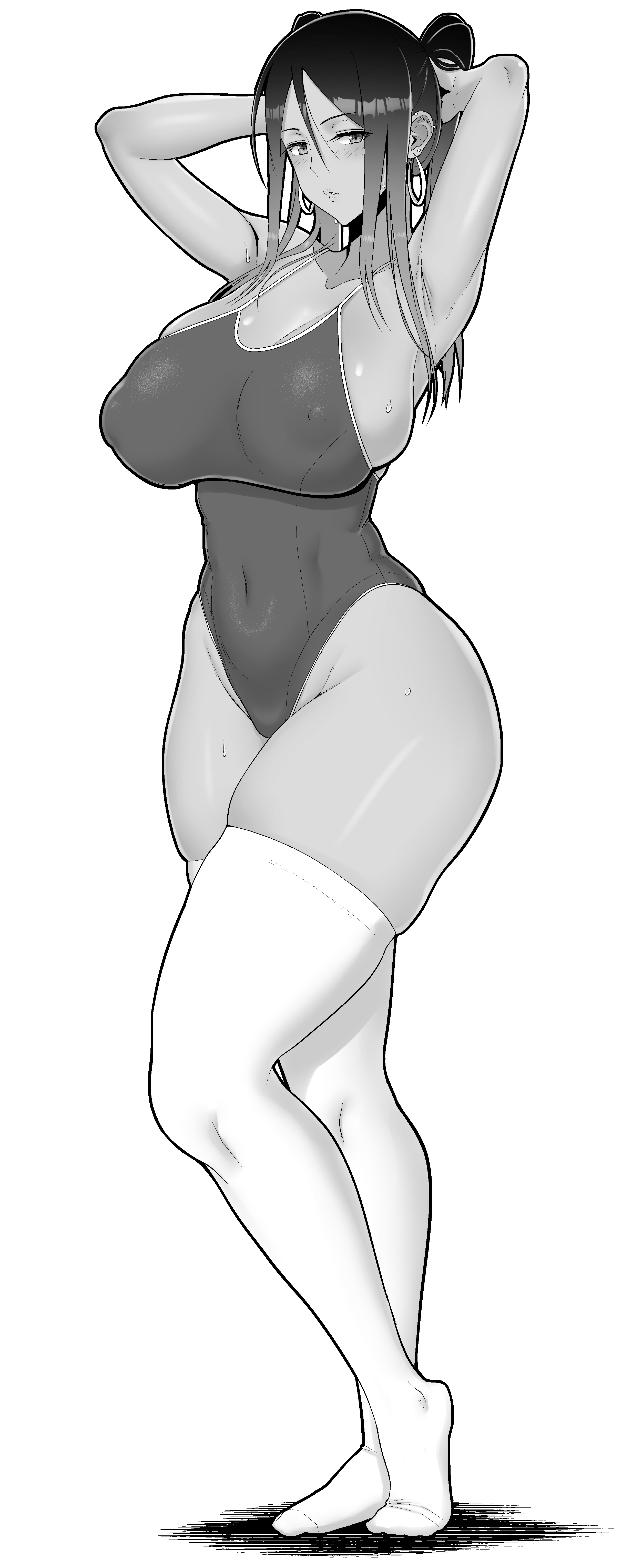 1girls, armpits, arms behind head, big breasts, blush, breasts, busty, child bearing hips, cleavage, competition swimsuit, covered navel, covered nipples, dark skin, dark-skinned female, erect nipples under clothes, feet, female, female only, half-closed eyes, highres, large breasts, legs, long hair, looking at viewer, monochrome, nipples, one-piece swimsuit, original, original character, parted lips, pose, posing, seductive, seductive look, see-through clothes, see-through clothing, sensual, sexy, sexy armpits, sexy pose, sideboob, sueyuu, sweat, swimsuit, teeth, thick thighs, thighhighs, thighs, toned, twintails, voluptuous, wide hips, wide sleeves