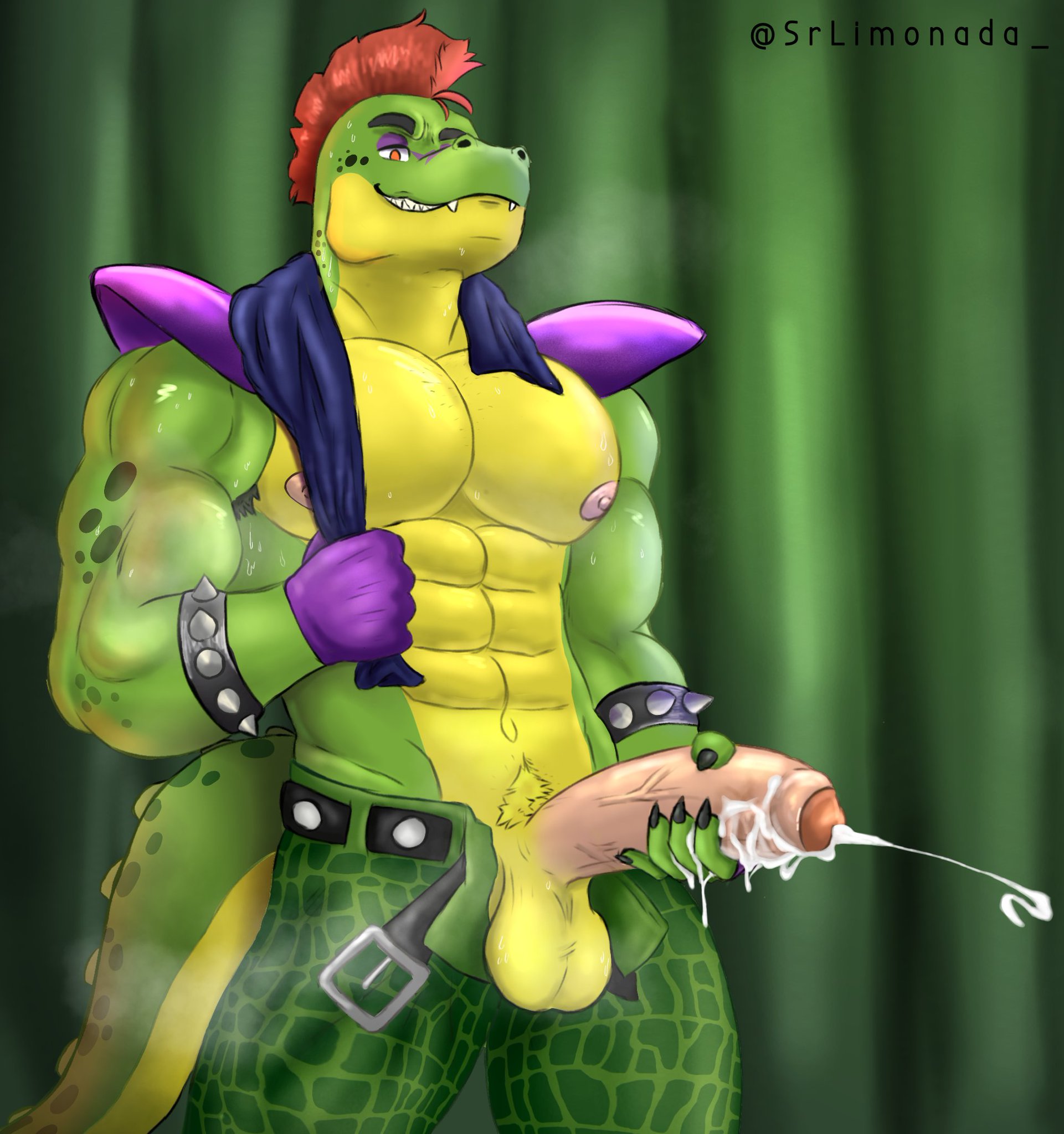 1boy, 5 fingers, 6 pack, abs, alligator, alligatorid, anthro, anthro male, anthro only, artist name, belt, belt buckle, belt undone, big cock, big penis, bracelet, bracelets, clothed, clothes, clothing, cock, cum, cum shot, cumming, cumshot, curtain, curtains, dick, digital drawing (artwork), digital media (artwork), ejaculation, fingerless gloves, five nights at freddy's, five nights at freddy's: security breach, fnaf, foreskin, furry, furry only, gator, gloves, green body, green curtains, green scales, green skin, hair, jerking off, jerkingoff, jizz, jpeg, large cock, large penis, low view, male, male nipples, male only, masculine, masculine male, masturbating, masturbation, mohawk, mohawk (hairstyle), montgomery gator (fnaf), muscles, muscular, muscular anthro, muscular arms, muscular male, nipples, no human, no humans, no-human, only furry, only male, pants, pecs, penis, penis out, pink cock, pink nipples, pink penis, pubes, pubic hair, purple eyelids, purple shoulder pads, purple shoulderpads, red eyes, red hair, red-eyed male, red-haired male, scales, scalie, scalie male, scalie only, semen, sharp teeth, shoulder pads, shoulderpads, six pack, six pack abs, snaggle teeth, snaggle tooth, solo, solo furry, solo male, solo masturbation, spiked bracelet, spiked bracelets, srlimonada, standing, steam, steaming body, steaming breath, stroking cock, stroking penis, tail, towel, towel around neck, towel on shoulder, two-tone body, uncircumcised, uncircumcised penis, uncut, uncut penis, visible breath, yellow belly, yellow pubes, yellow pubic hair