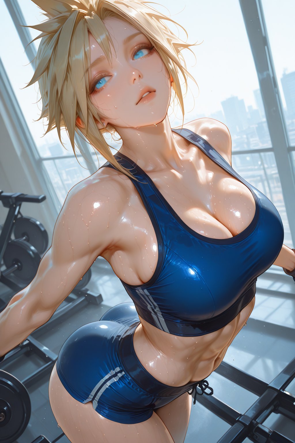 1girls ai_generated blonde_hair blue_eyes breasts cloud_strife cloudette_strife final_fantasy final_fantasy_vii sweat white_skin