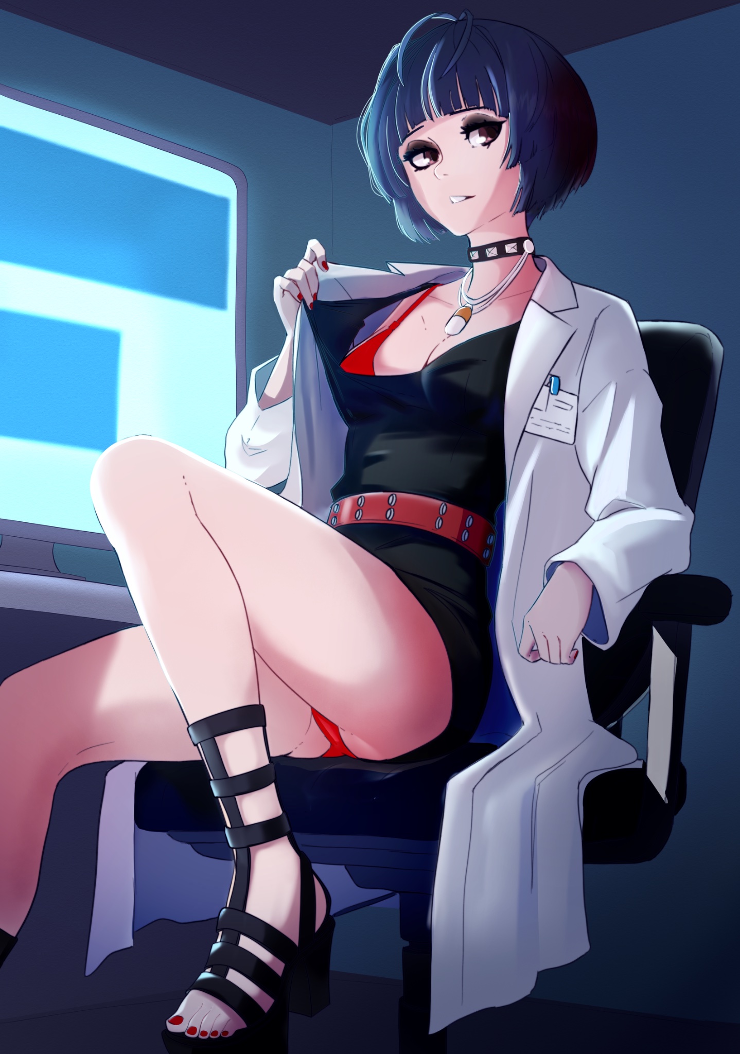 1girls, bare legs, belt, black sandals, blue background, blue hair, blunt bangs, blysill, bra, breasts, brown eyes, chair, cleavage, coat, collarbone, commentary, english commentary, eyelashes, feet, female, foot out of frame, high heel sandals, highres, jewelry, knee up, lab coat, legs, long sleeves, looking at viewer, medium breasts, nail polish, necklace, on chair, open clothes, open coat, panties, parted lips, persona, persona 5, red belt, red bra, red nails, red panties, sandals, short hair, sitting, solo, strappy heels, studded choker, tae takemi, thighs, toenail polish, toenails, toes, underwear, white coat