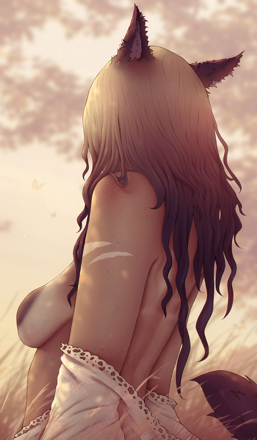 1girls, 2025, animal ears, back, blonde hair, blurry, blurry background, breasts, brown hair, butterfly, cat ears, cat girl, cat tail, dark areola, dark skin, dark-skinned female, day, ear piercing, ear piercings, earrings, facing away, female, female focus, female only, final fantasy, final fantasy xiv, freckles, freckles on shoulders, from side, gradient hair, highres, large areolae, long hair, loose clothes, loose shirt, medium breasts, miqo'te, off shoulder, outdoors, piercing, shirt, sideboob, small breasts, solo, soranamae, sunlight, tail, tan, tanline, topless female, warrior of light (ff14), wavy hair, wheat