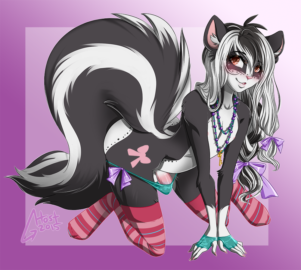 black_fur clothing fur ghostblanketboy girly hair legwear long_hair long_tail male mammal panties scynt skunk smile stockings teasing thong underwear undressing white_fur